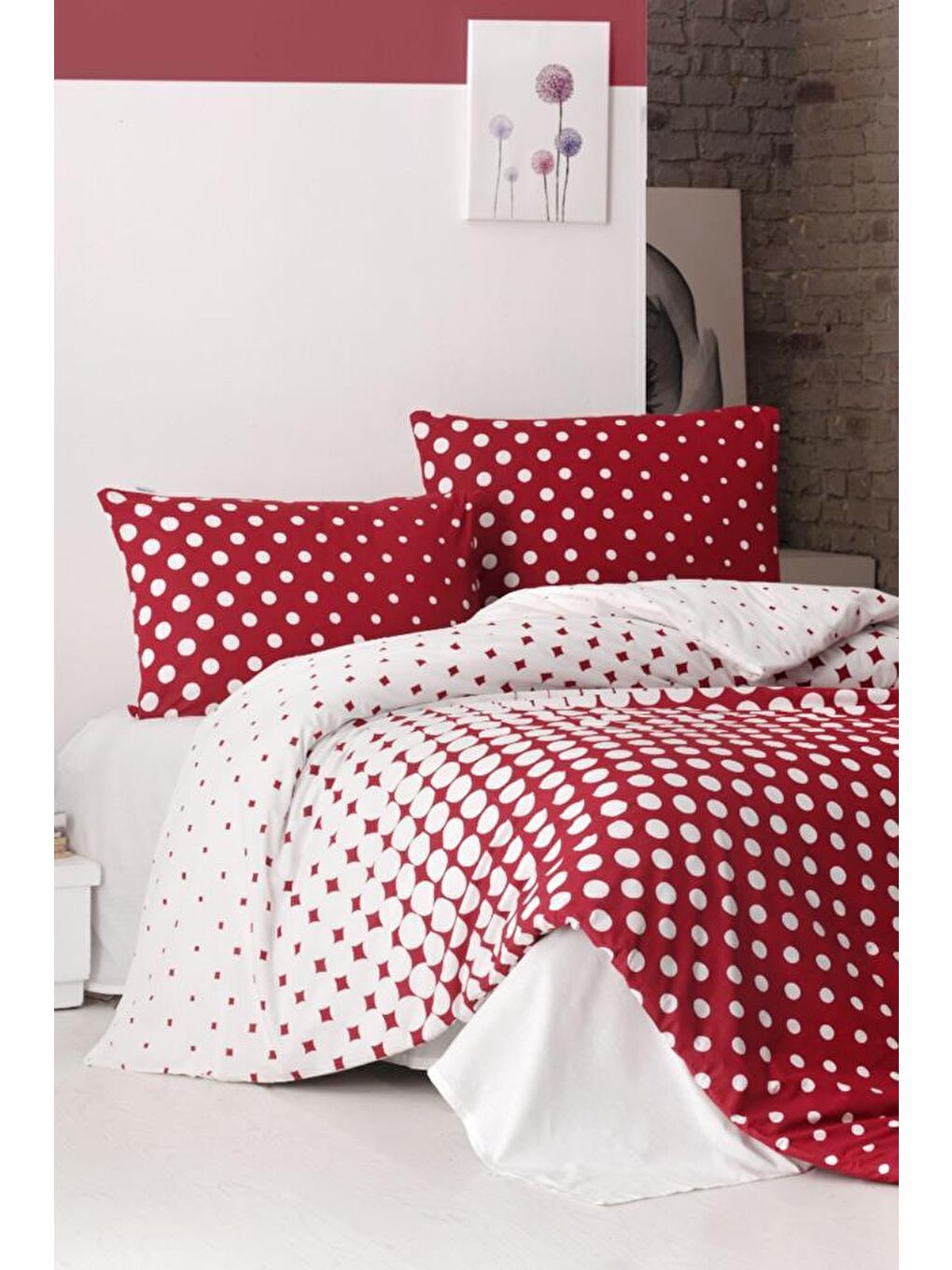 Puantiye %100 Pamuk Çift Kişilik Nevresim Takımı Kırmızı