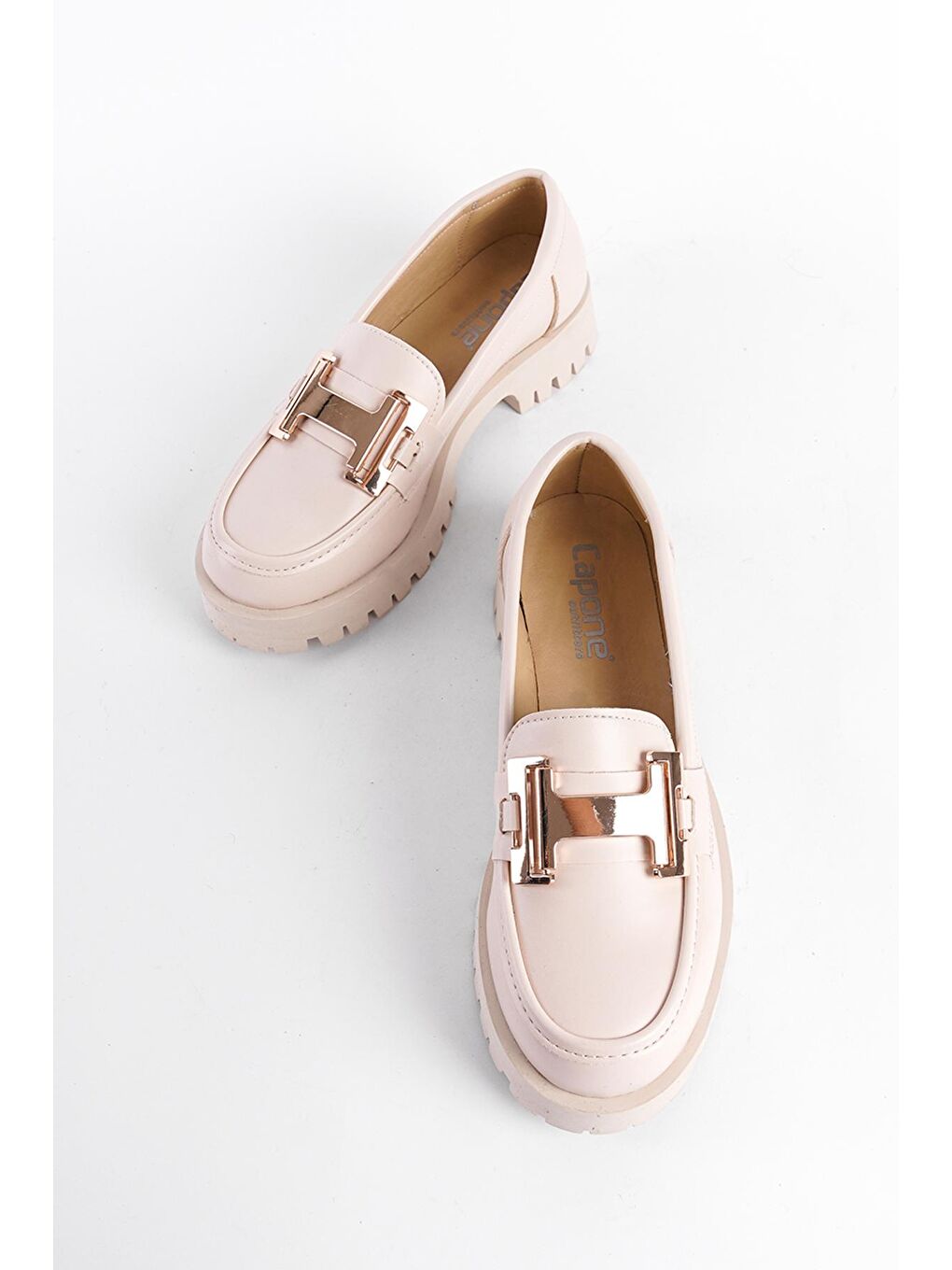 Bej Trak Tabanlı Metal  H Tokalı  Kadın Loafer-3