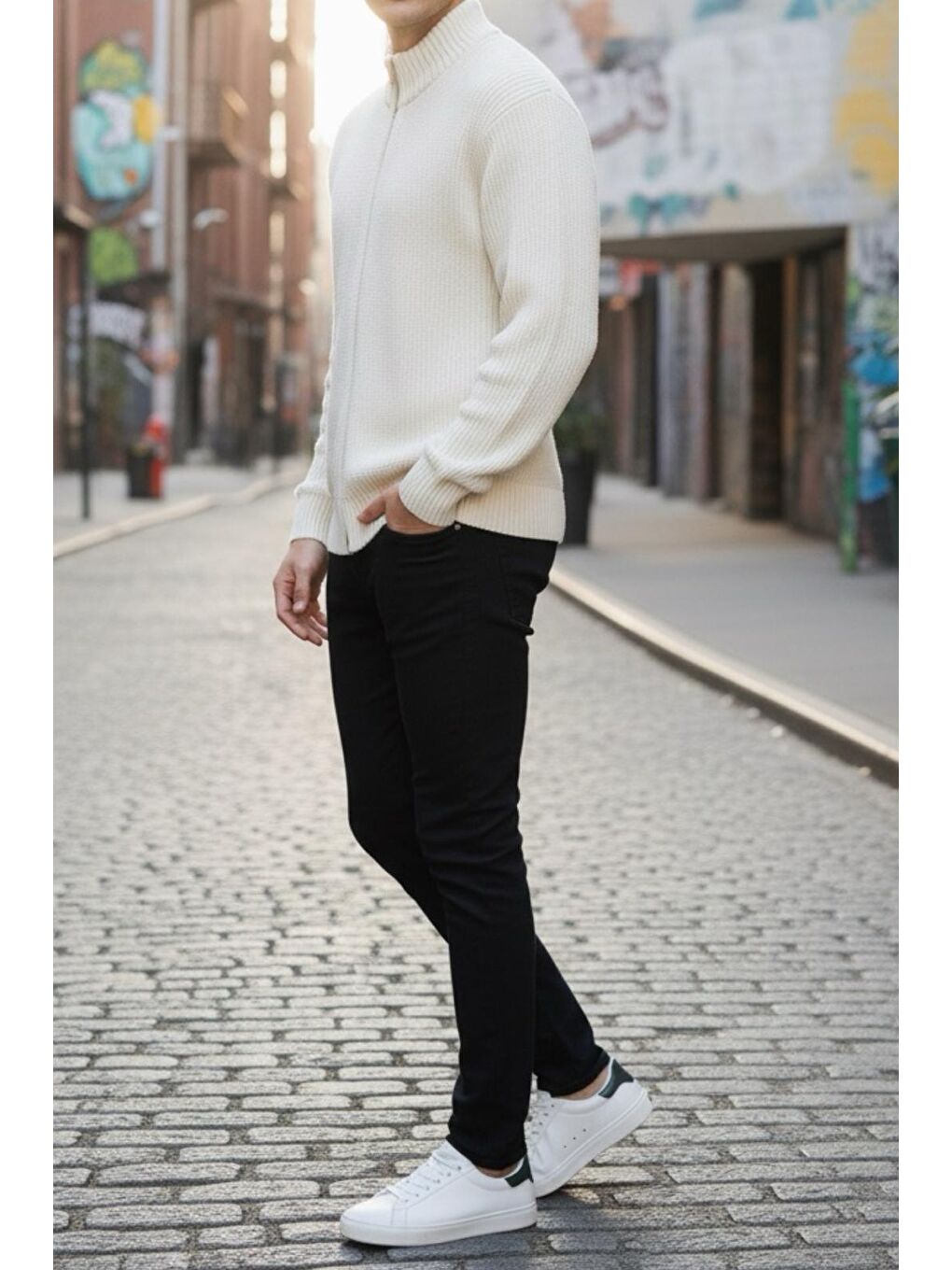 Ekru Loken Tam Fermuarlı Dik Yaka Kalın Erkek Hırka-1