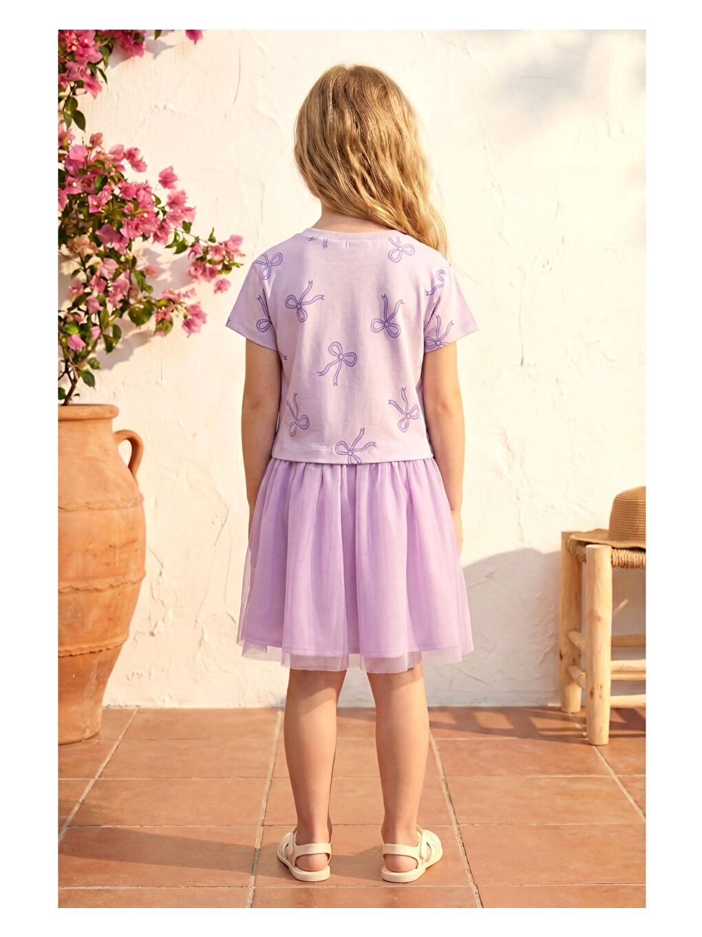 Kız Çocuk Pamuklu Lila Fiyonk Desenli Tül Elbise-3