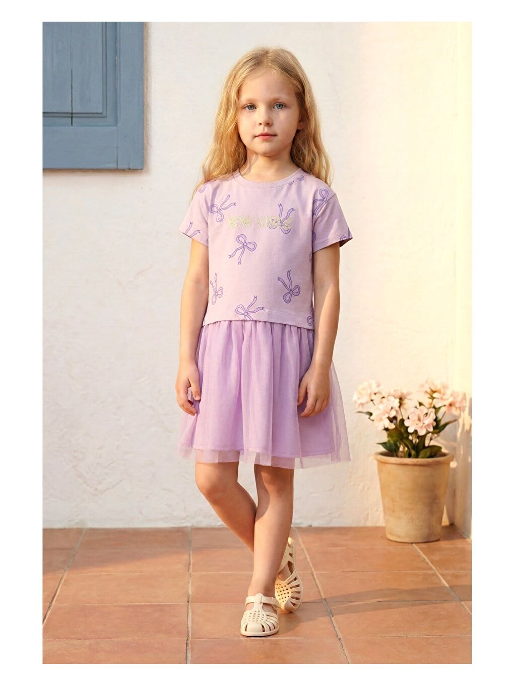 Kız Çocuk Pamuklu Lila Fiyonk Desenli Tül Elbise-4