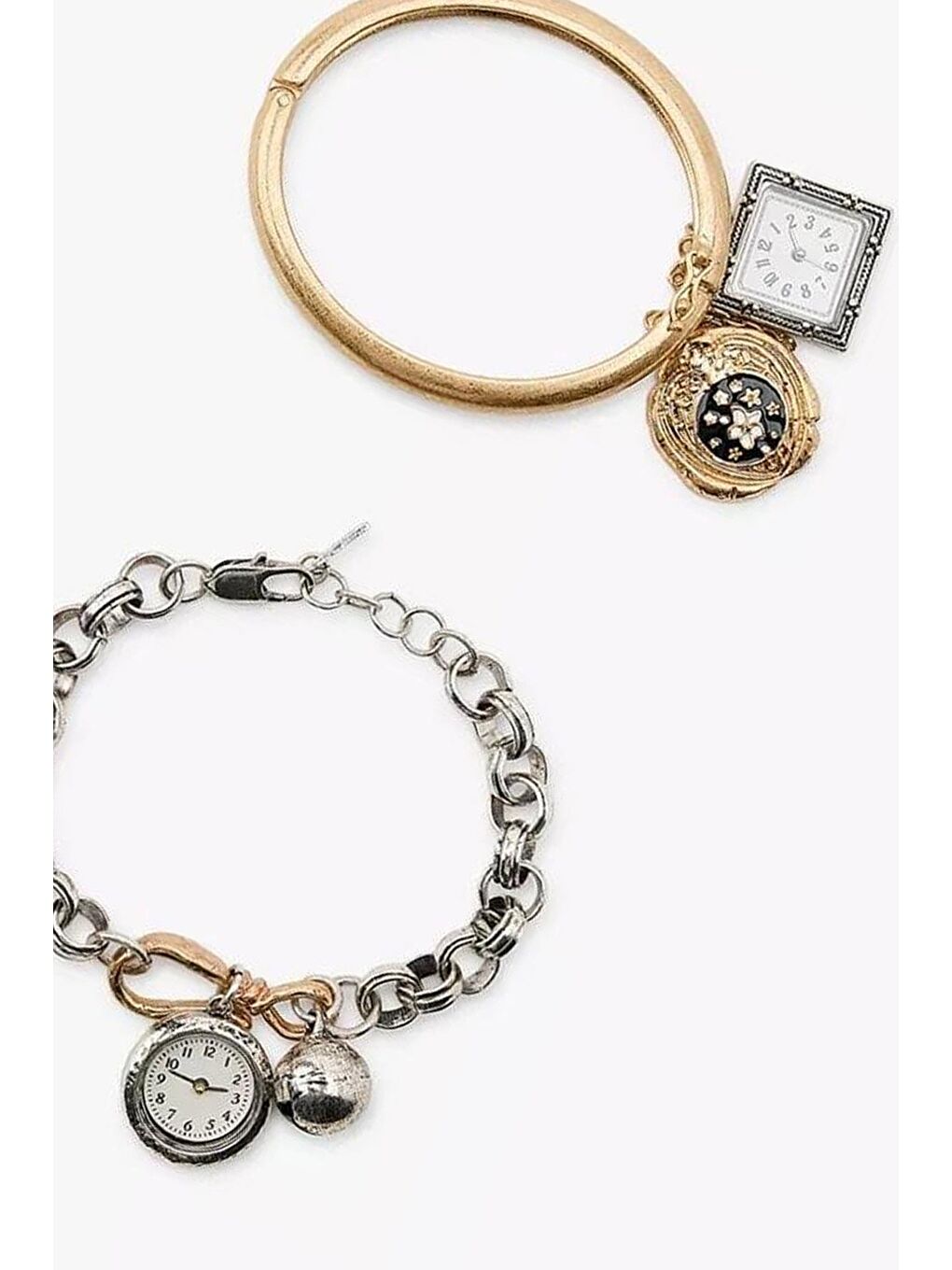 Gri Dekoratif Saat Sallantılı Antik Gümüş Bileklik Seti-1