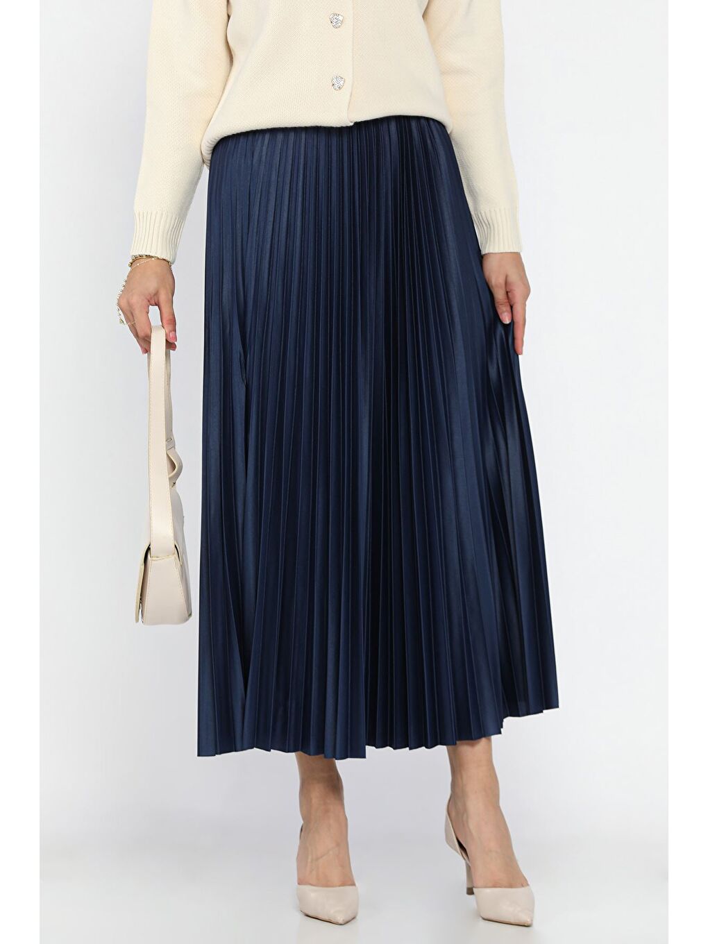 Lacivert Bel Lastikli Pileli Tesettür Etek-1