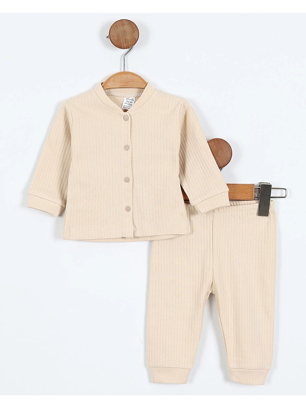 Bej Çıtçıtlı %100 Pamuk Yenidoğan Fitilli Alt Üst Pijama Takım