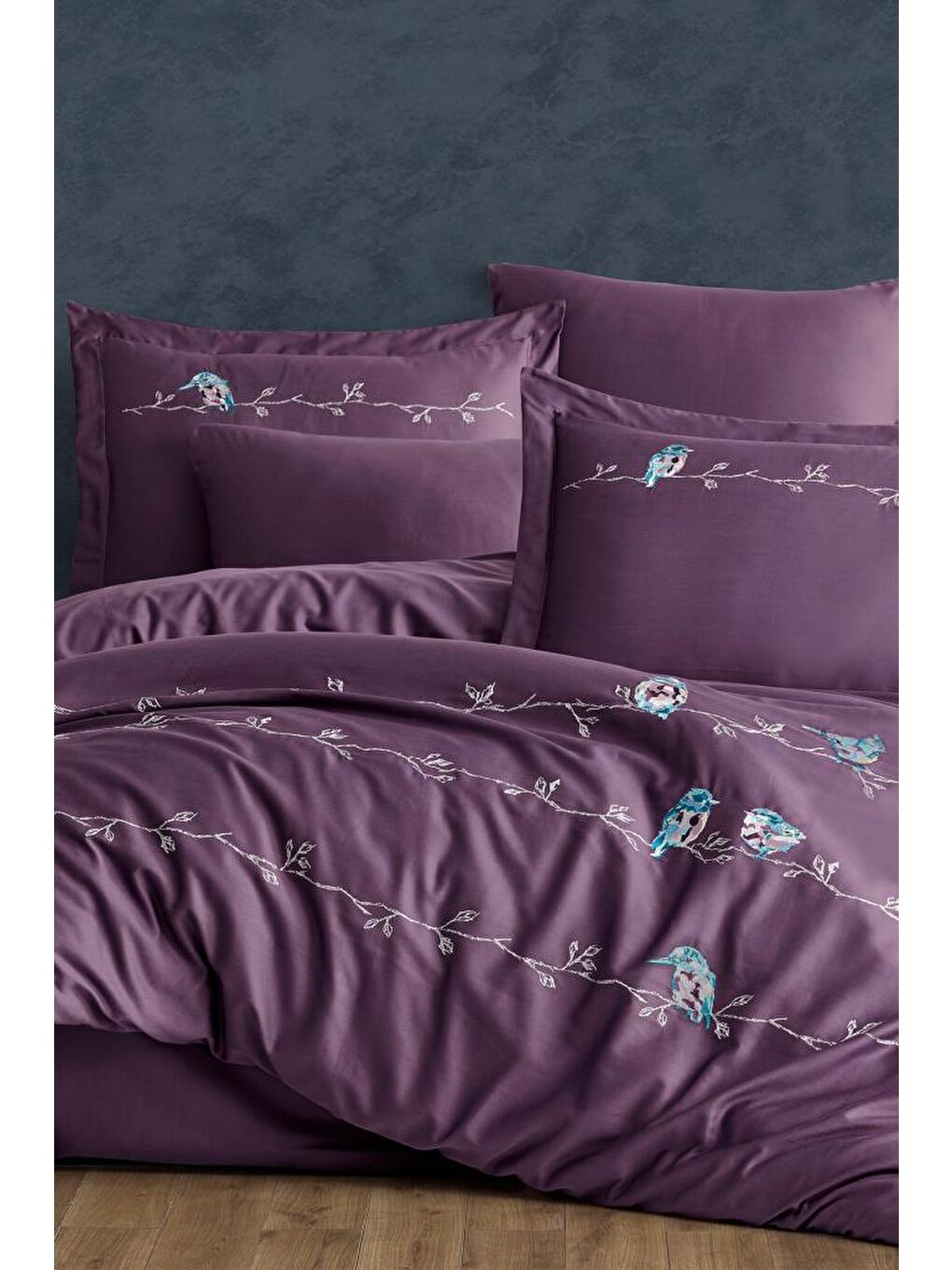 Vogel Nakışlı %100 Pamuk Saten Çift Kişilik Nevresim Takımı Mürdüm