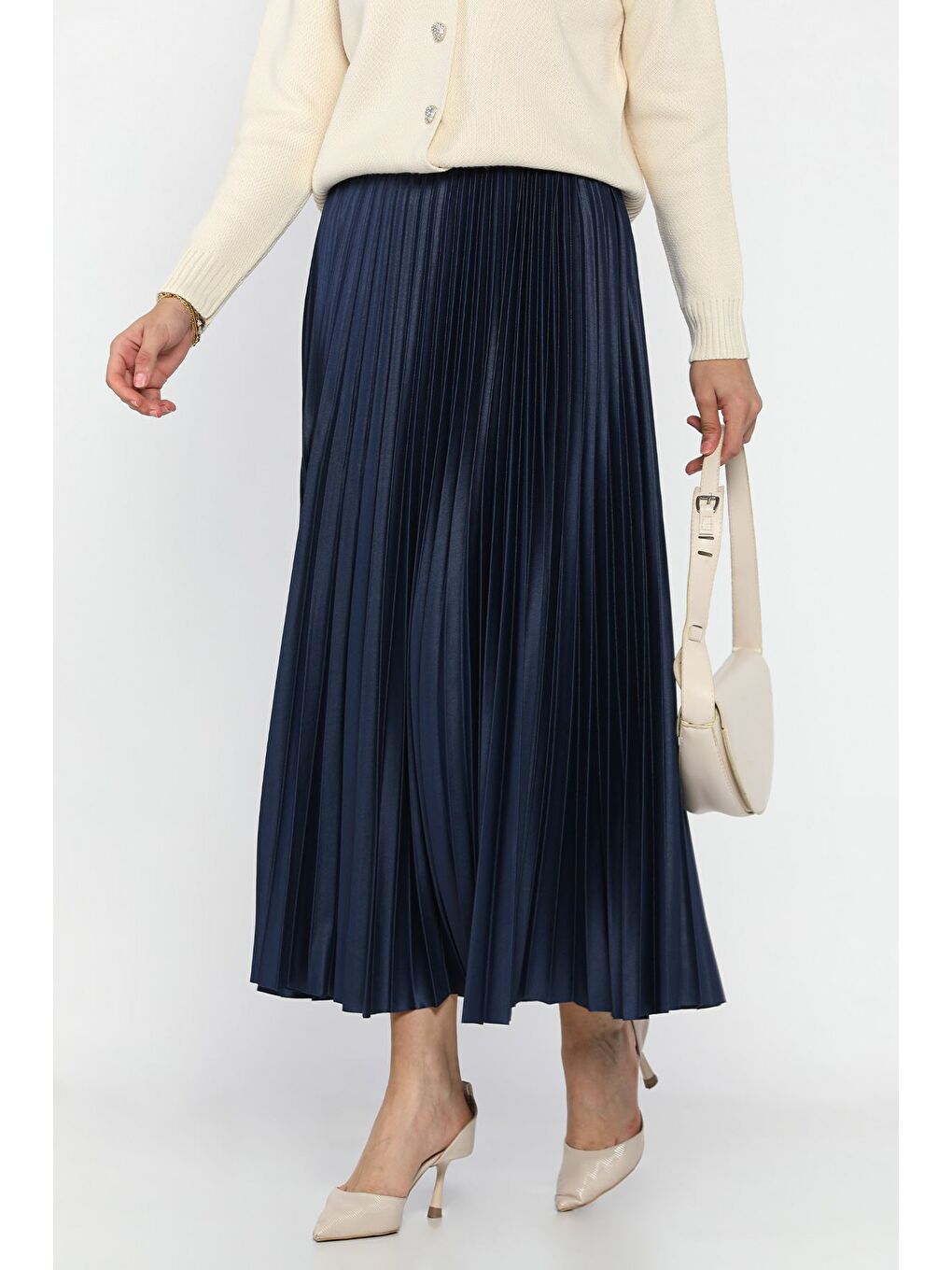 Lacivert Bel Lastikli Pileli Tesettür Etek-2