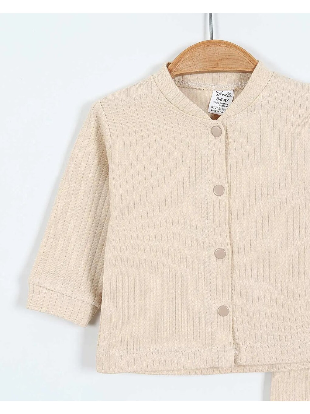 Bej Çıtçıtlı %100 Pamuk Yenidoğan Fitilli Alt Üst Pijama Takım-2