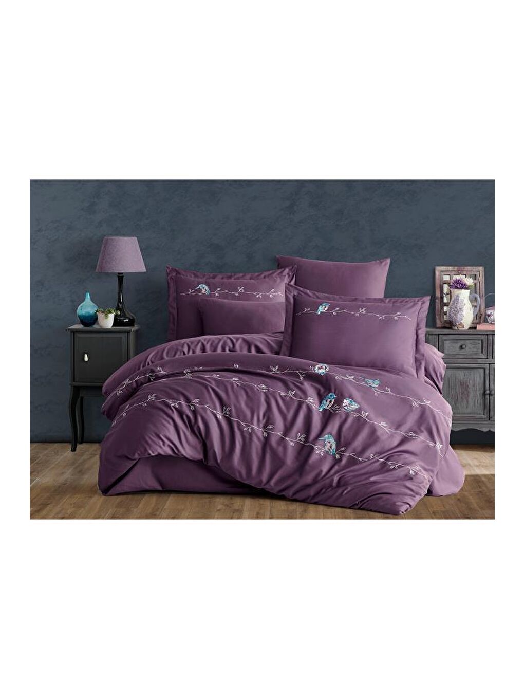 Vogel Nakışlı %100 Pamuk Saten Çift Kişilik Nevresim Takımı Mürdüm-1