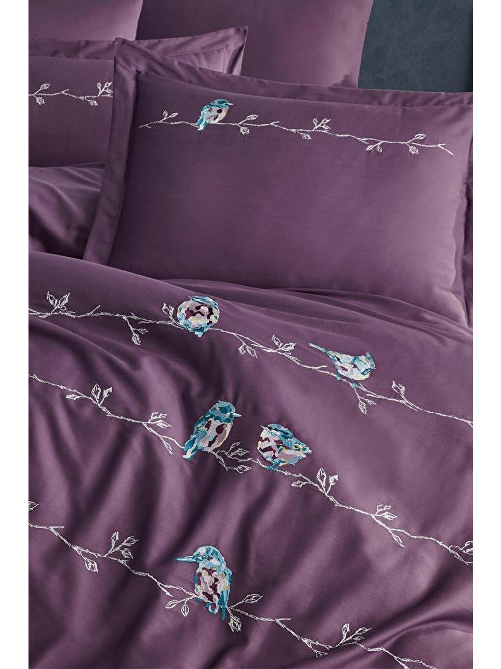Vogel Nakışlı %100 Pamuk Saten Çift Kişilik Nevresim Takımı Mürdüm-2