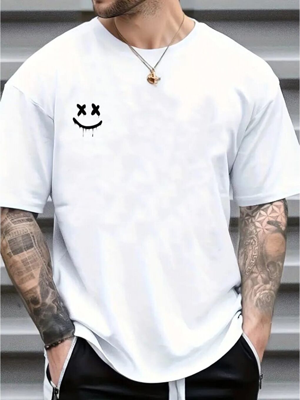 Beyaz Erkek Kısa Kollu Bisiklet Yaka Baskılı Süprem Tişört-2