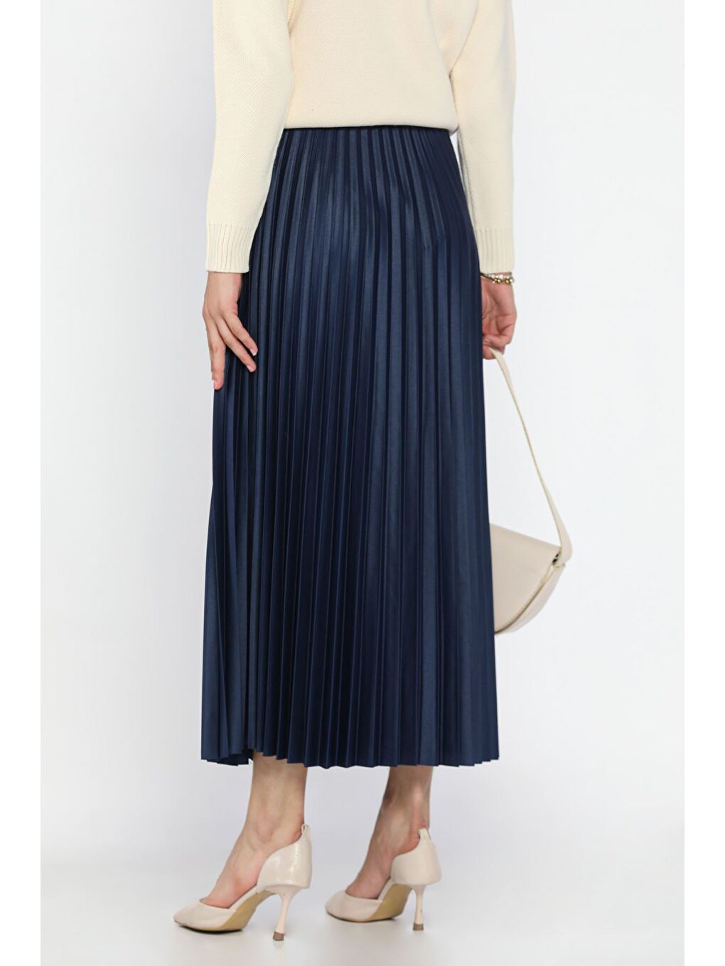 Lacivert Bel Lastikli Pileli Tesettür Etek-5