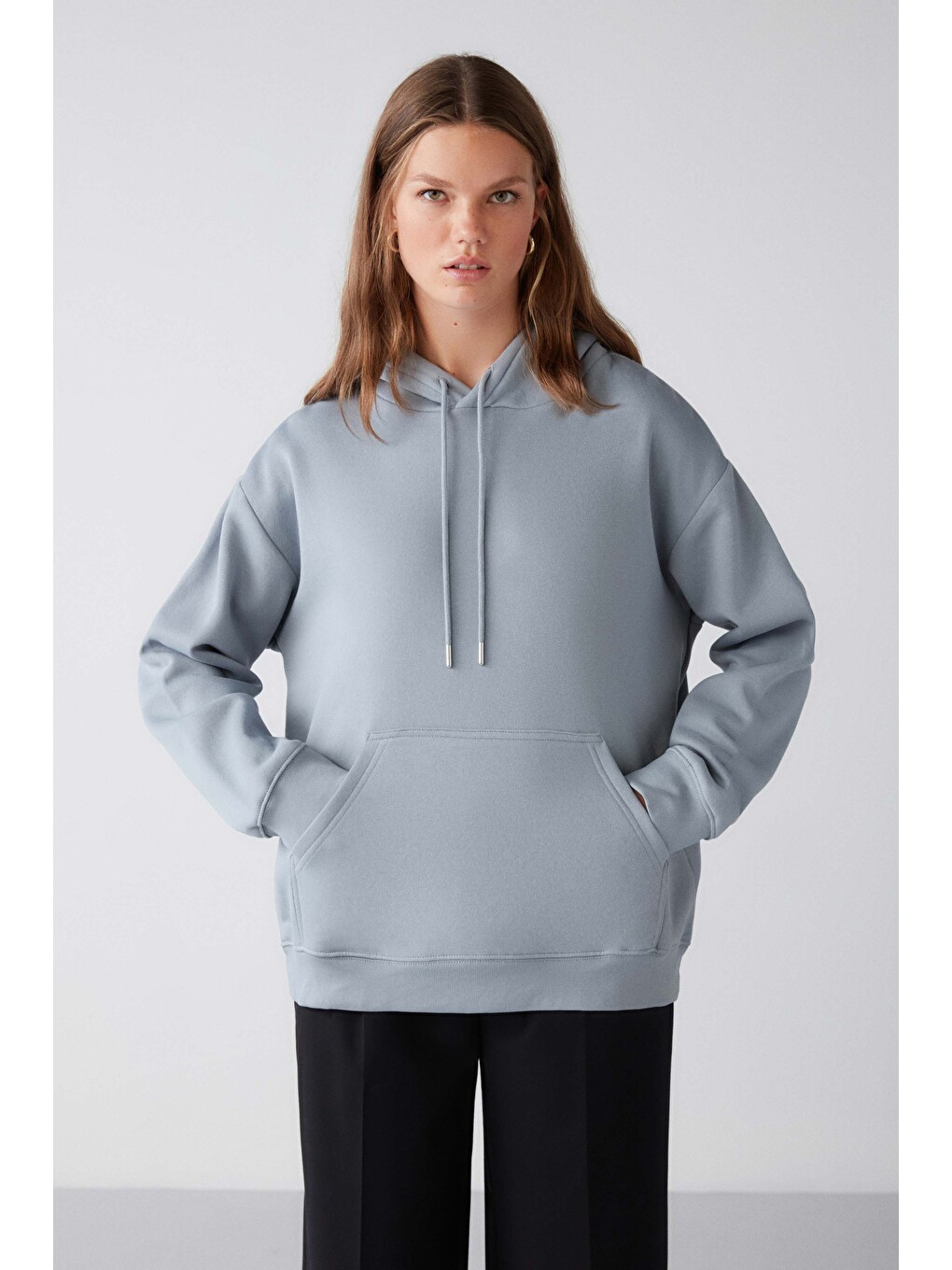 Mavi Adel Kadın Organik Pamuklu Içi Polarlı Yumuşacık Relaxed Kanguru Cepli Kapüşonlu MAVİ Sweatshirt-1