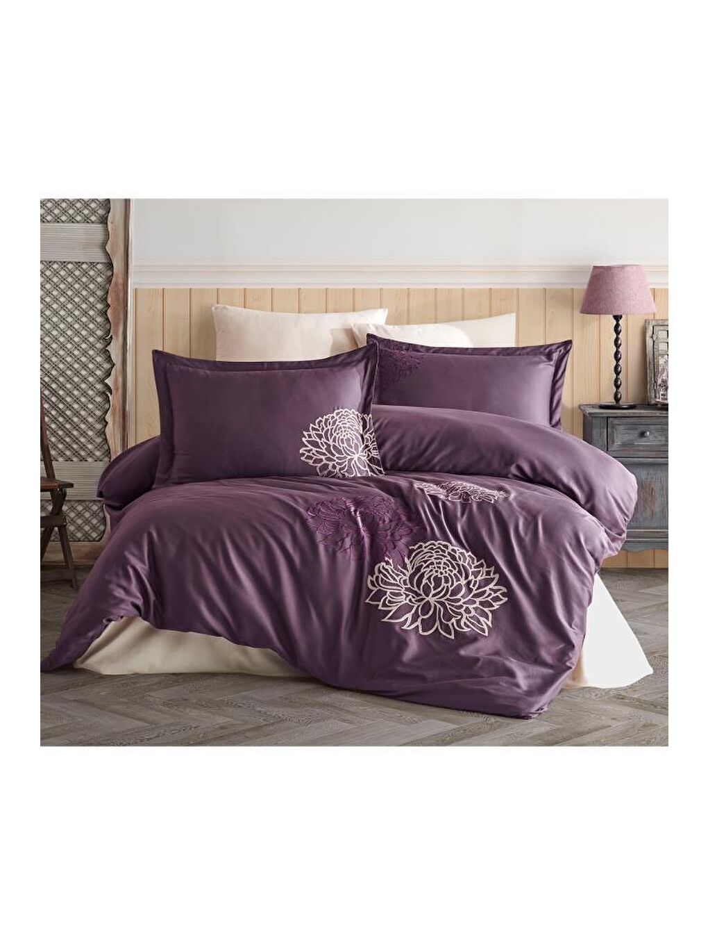 Siena Nakışlı %100 Pamuk Saten Çift Kişilik Nevresim Takımı Mürdüm-1