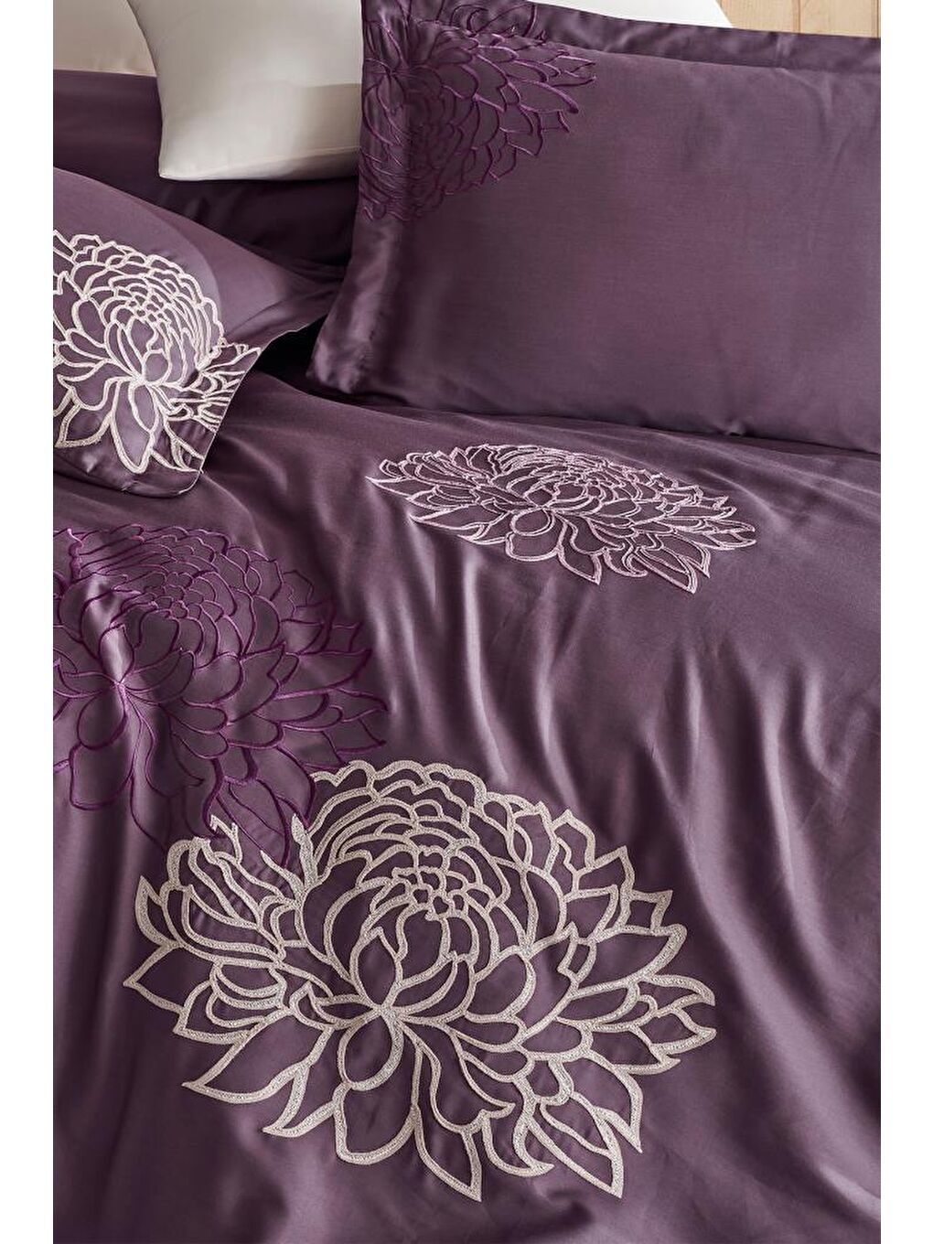 Siena Nakışlı %100 Pamuk Saten Çift Kişilik Nevresim Takımı Mürdüm-2