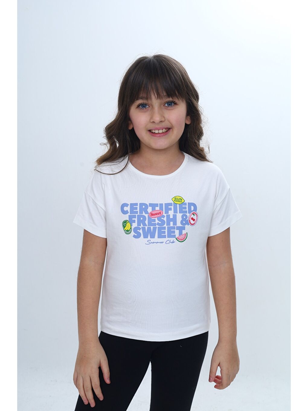 Ekru Kız Çocuk Bisiklet Yaka Düşük Omuz Kısa Kollu Baskılı Tişört 24976