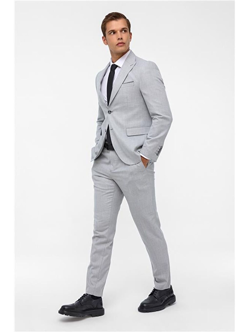 Gri Slim Desenli Sivri Yaka 6 Drop Takım Elbise-9