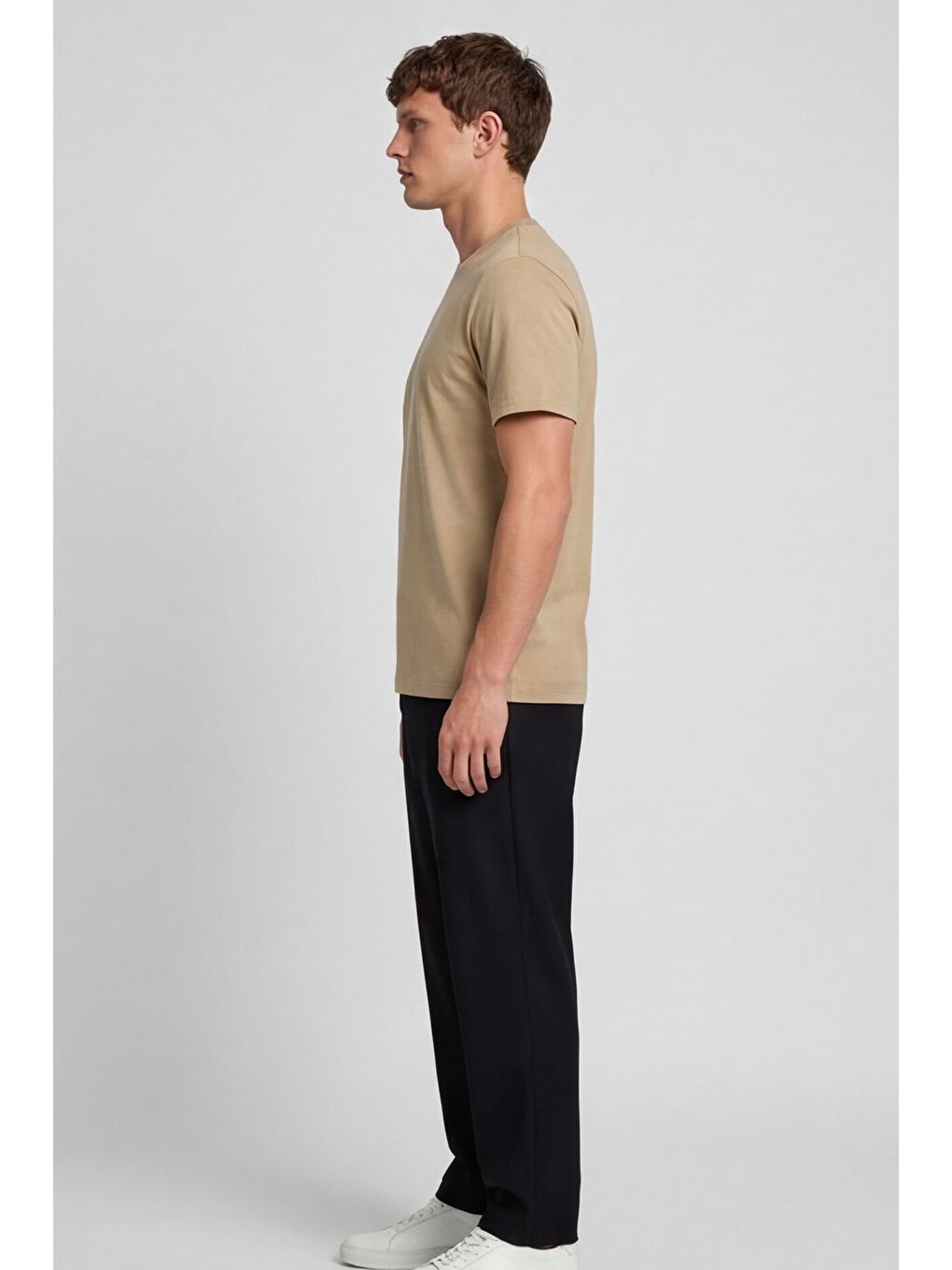 Erkek Bej Normal Kesim Regular Fit %100 Pamuk Bisiklet Yaka Basic Tişört-2