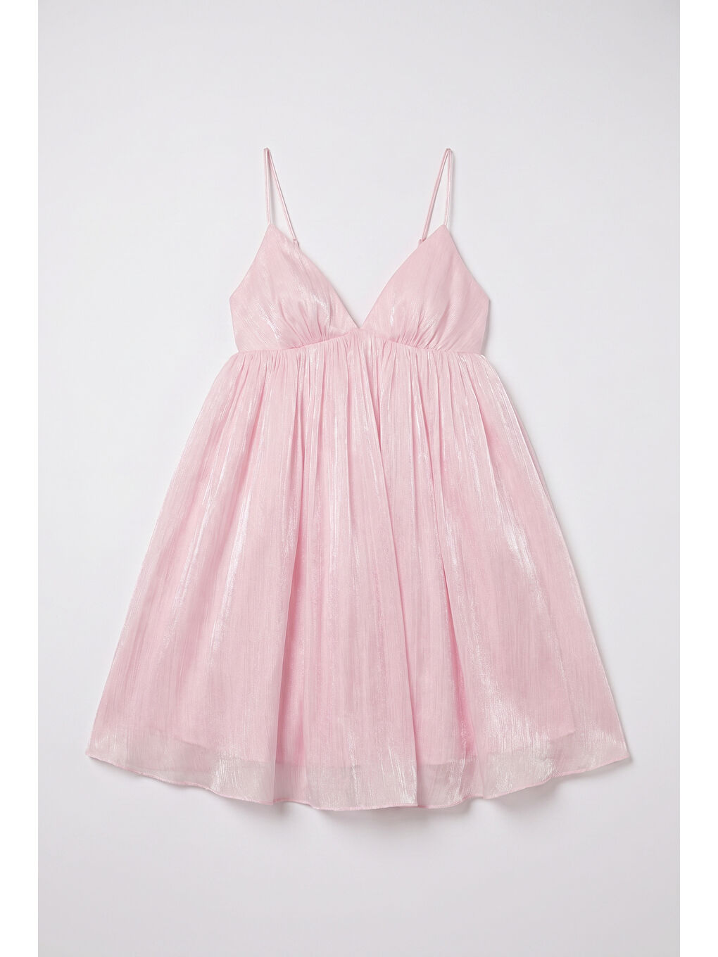 V Yaka Sırtı Çapraz Askılı Tül Mini Elbise Pembe