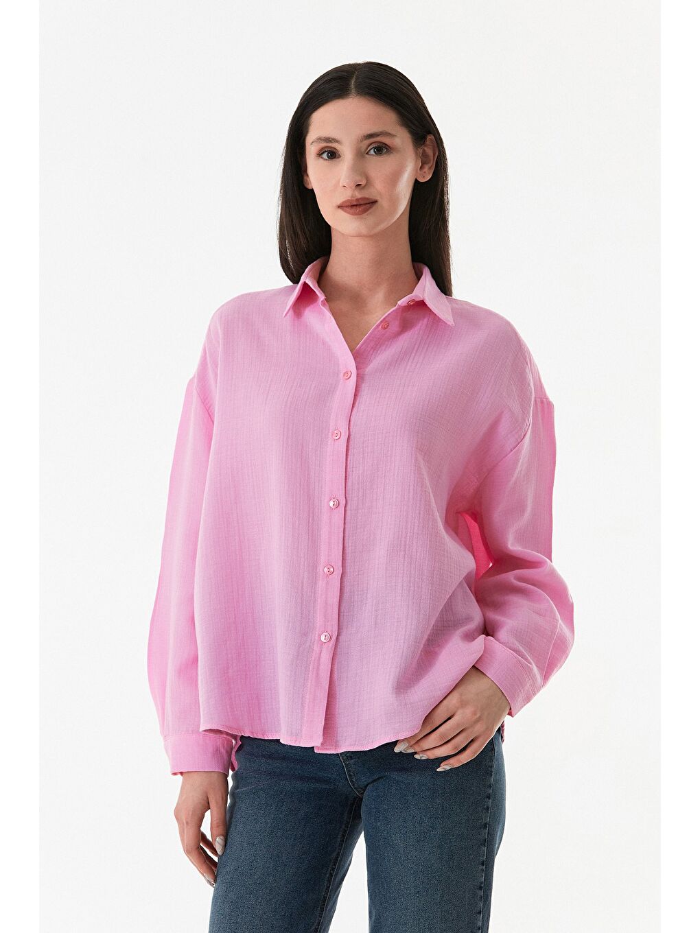 Pembe Basic Düğmeli Salaş Gömlek