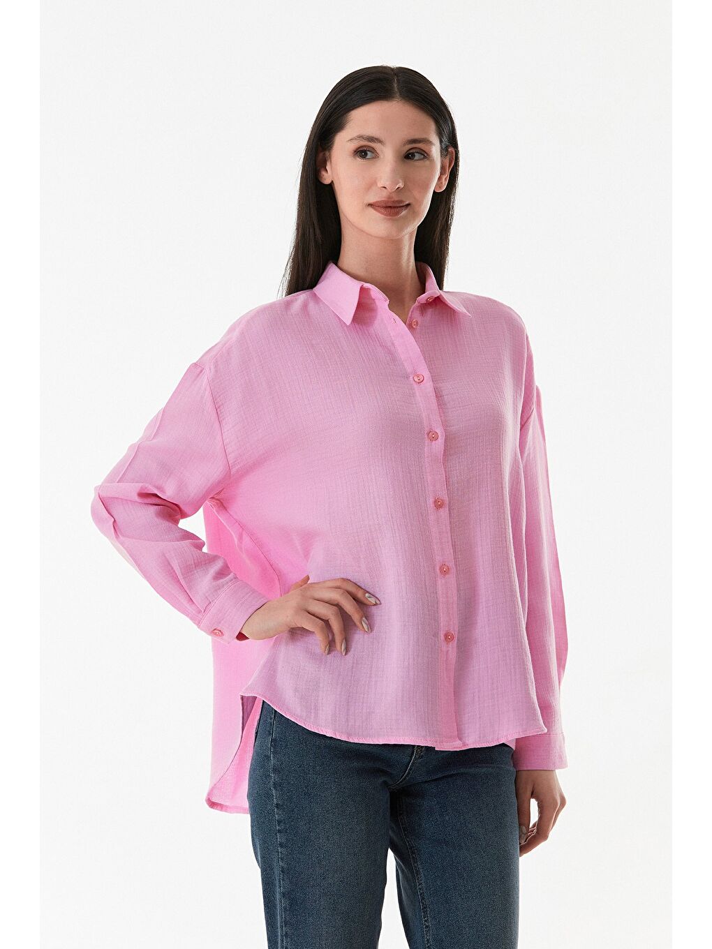 Pembe Basic Düğmeli Salaş Gömlek-1