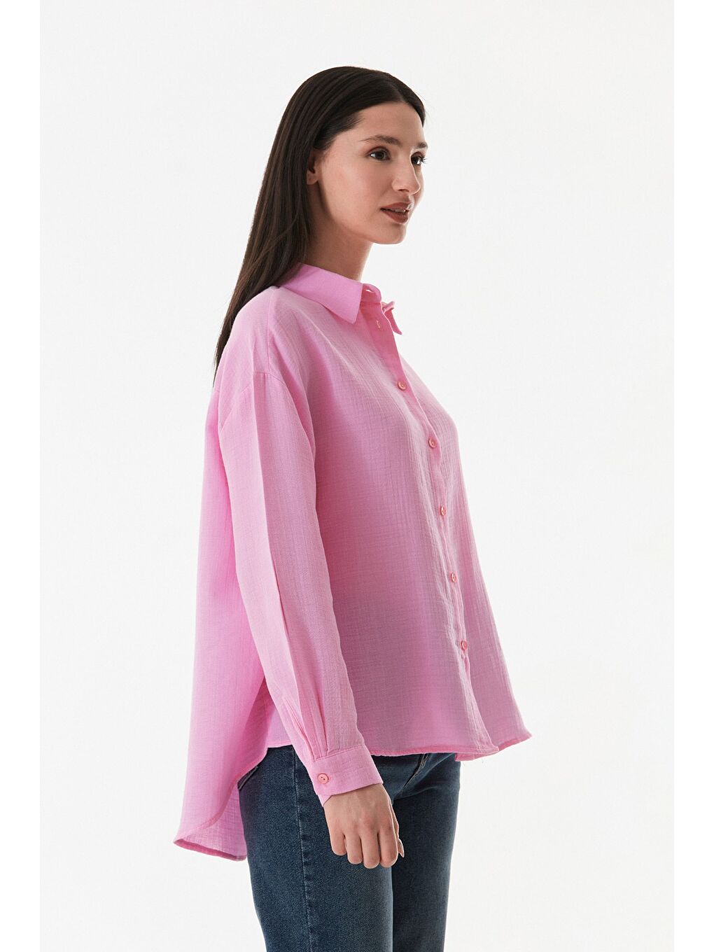 Pembe Basic Düğmeli Salaş Gömlek-2