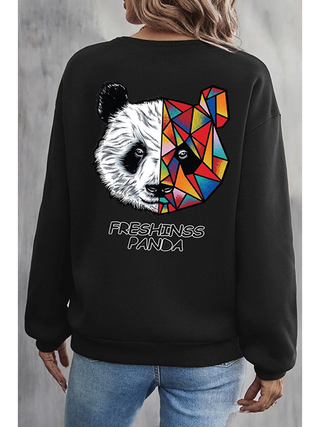 uyguntarz Siyah Unisex Panda Baskılı Bisiklet Yaka Sweatshirt