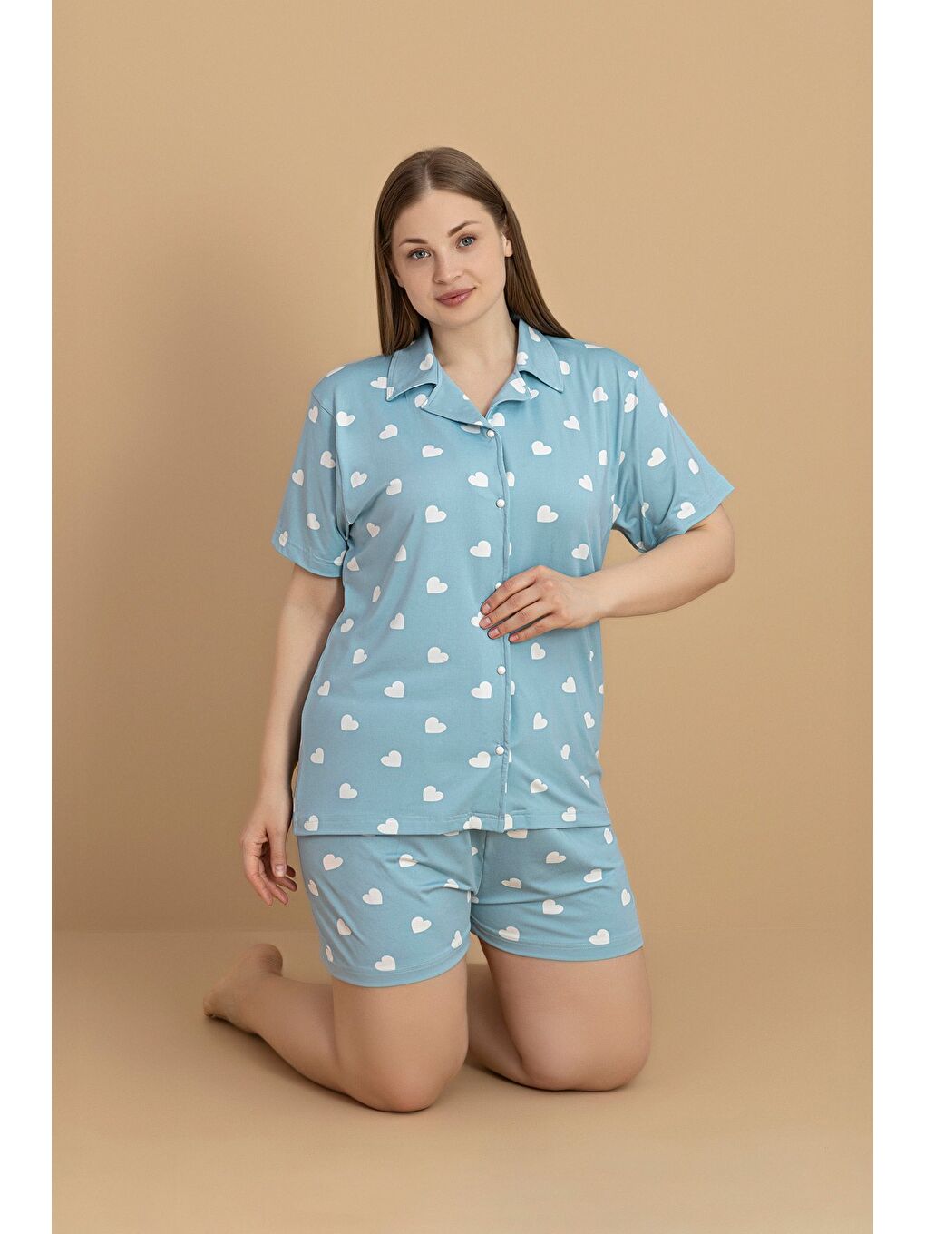 Mavi Büyük Beden Yıldız Baskılı Gömlek Yaka Şortlu Pijama Takımı