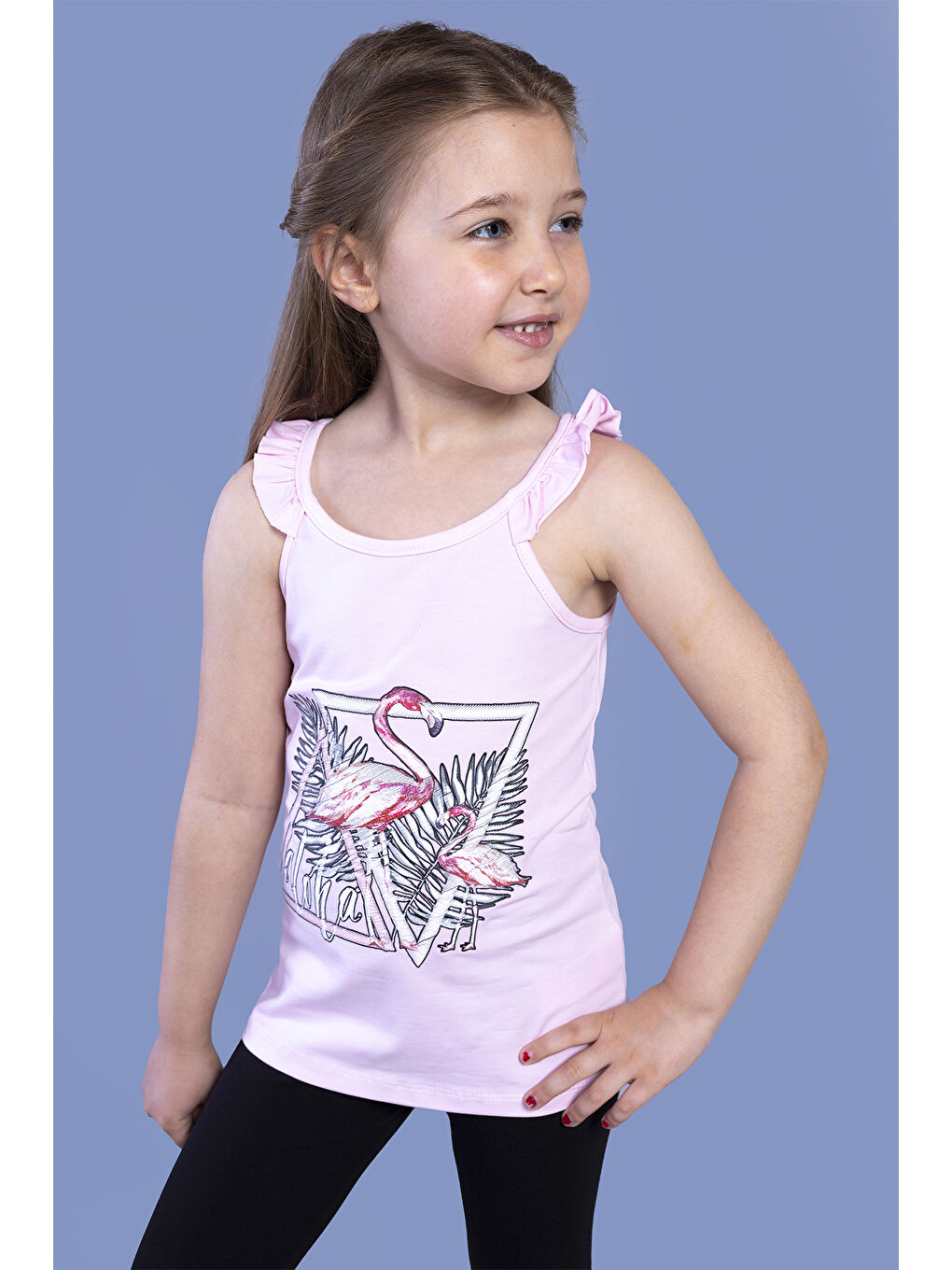Pembe Kız Çocuk Fırfır Detaylı Flamingo Kabartma Baskılı Atlet