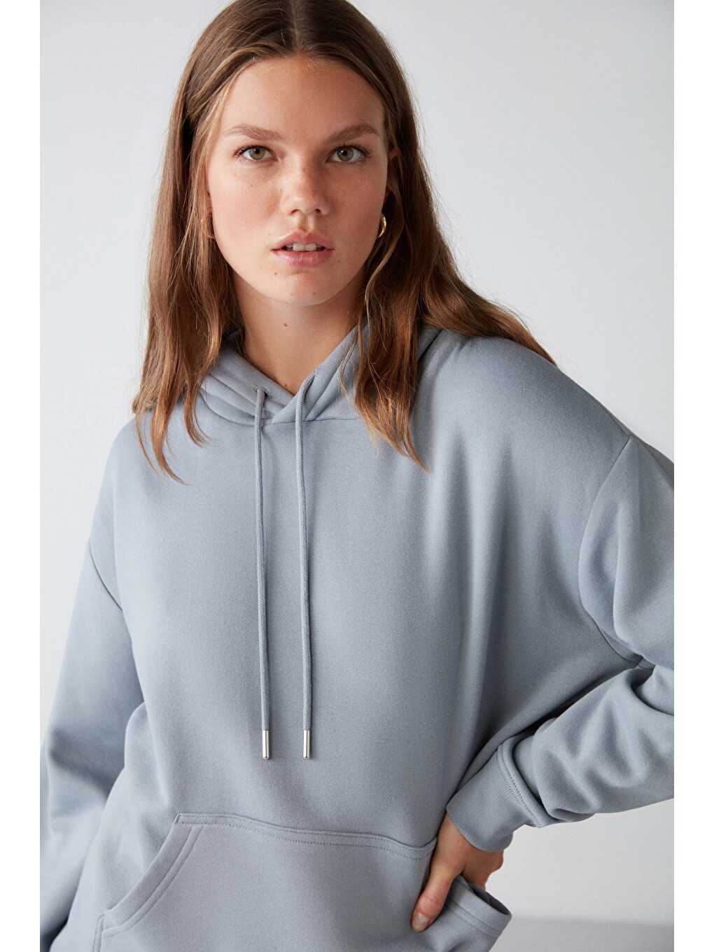 Mavi Adel Kadın Organik Pamuklu Içi Polarlı Yumuşacık Relaxed Kanguru Cepli Kapüşonlu MAVİ Sweatshirt-3