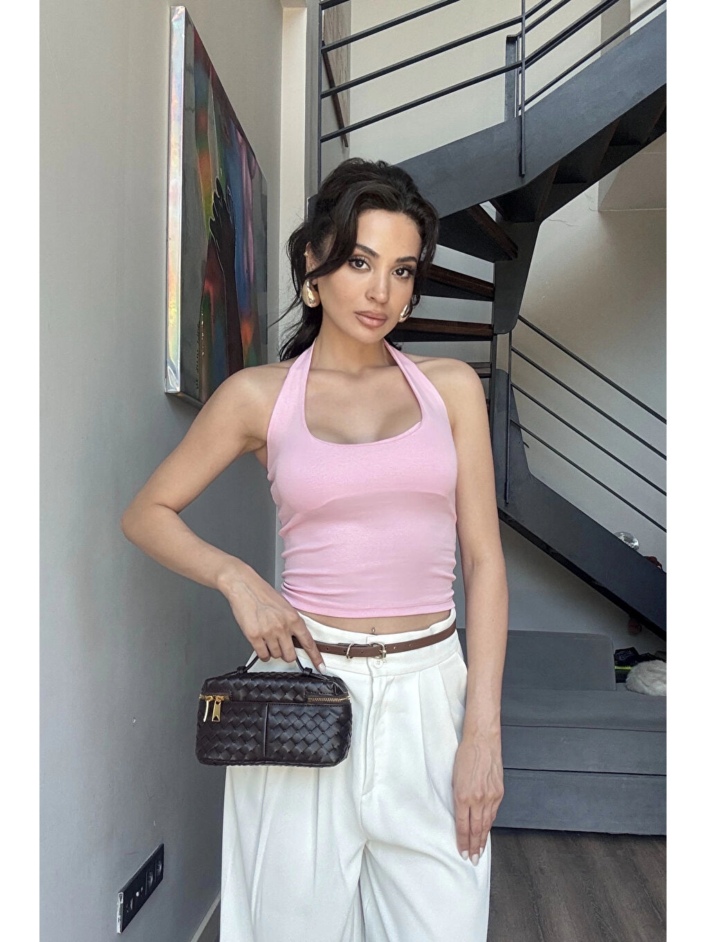 Kadın Pembe Halter Yaka Crop 0171