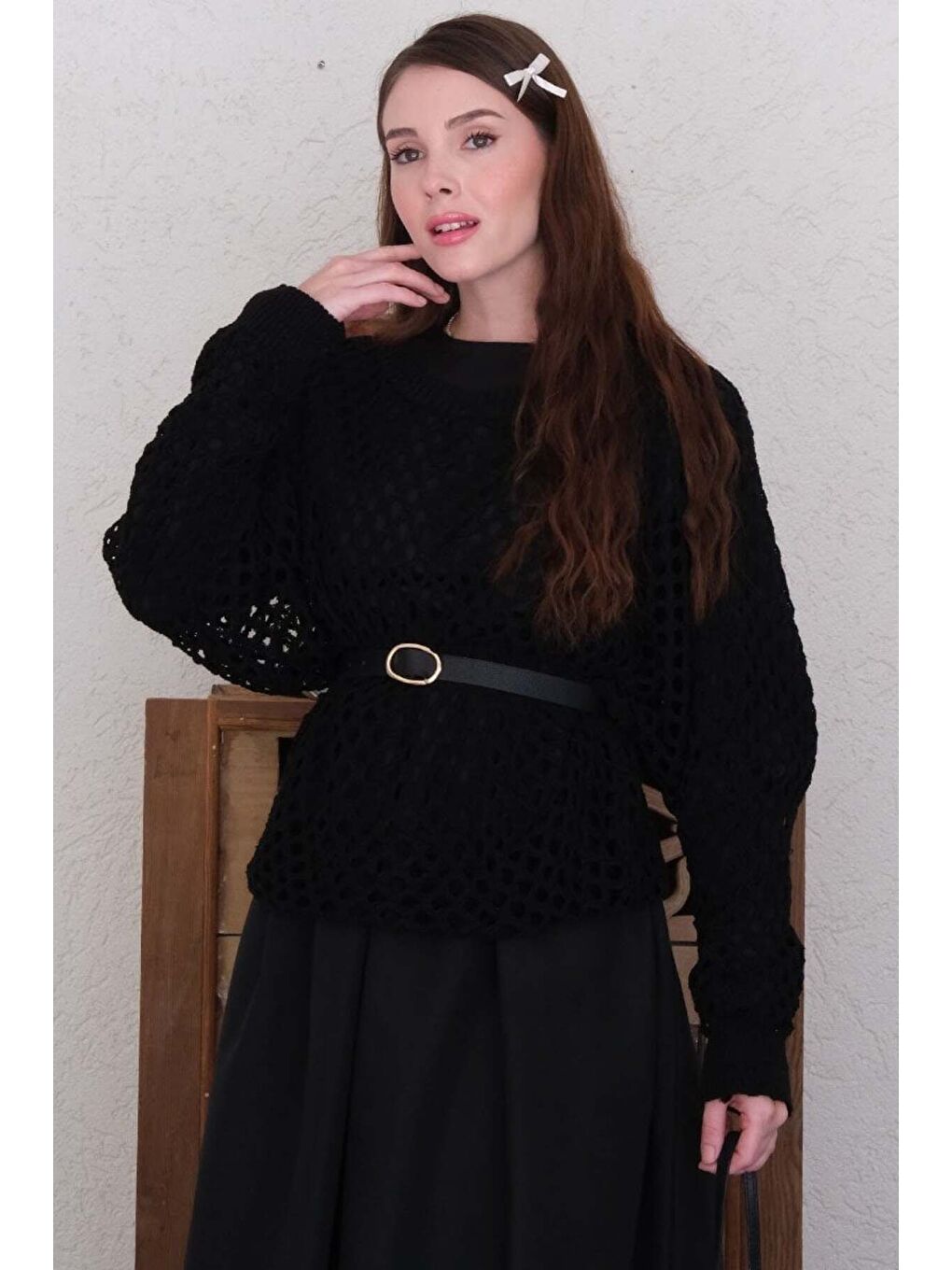 Siyah File Triko Bluz-1