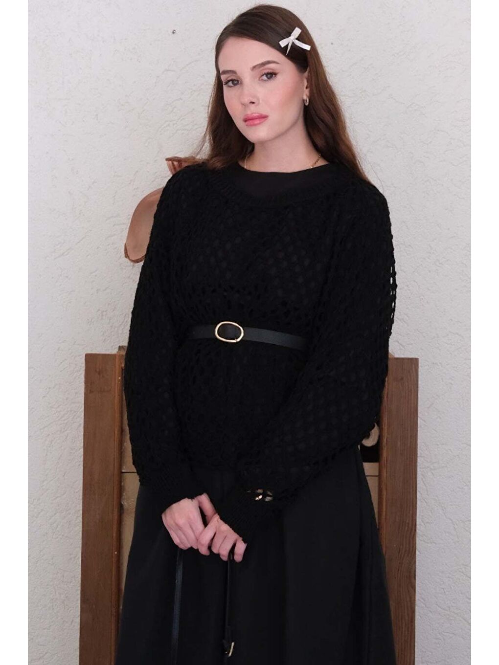 Siyah File Triko Bluz-2