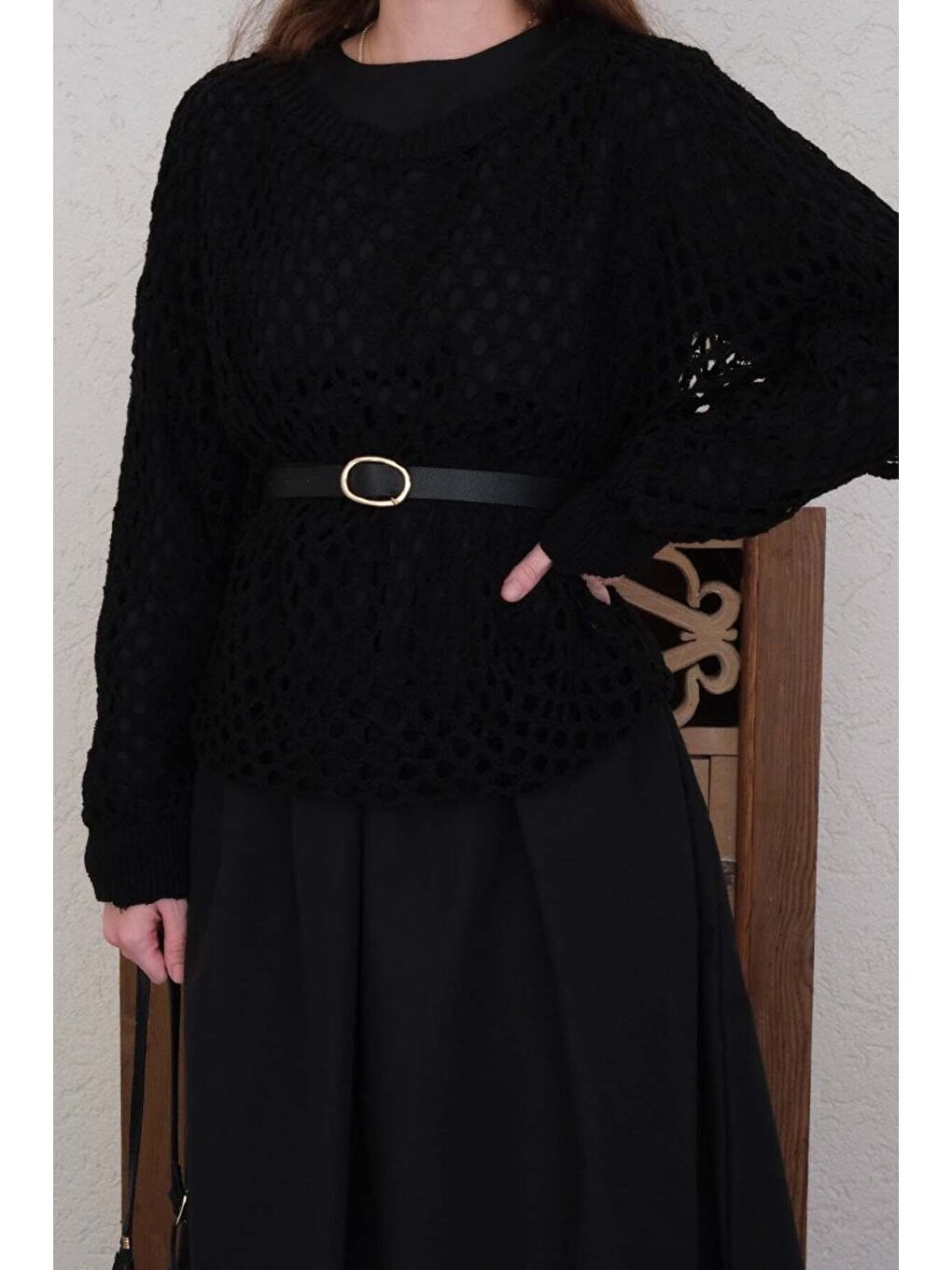 Siyah File Triko Bluz-3