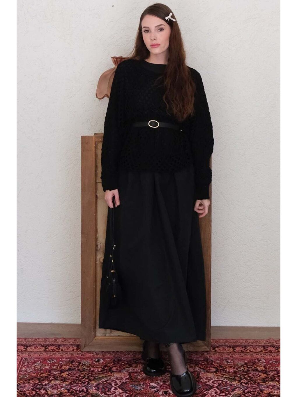 Siyah File Triko Bluz-4