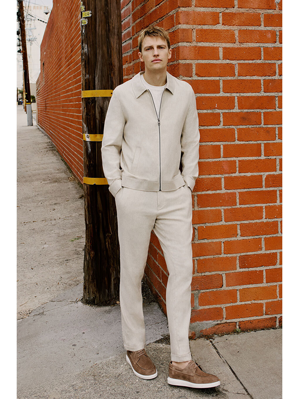 Erkek Bej Slim Fit Dar Kesim Diagonal Desenli Yan Cepli Casual Pantolon-2