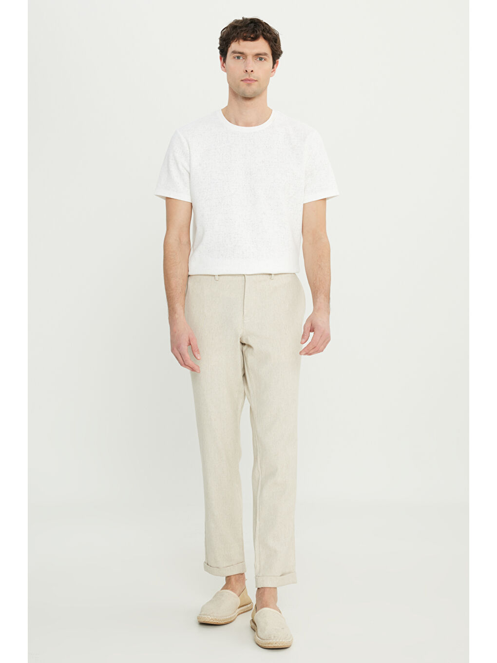 Erkek Bej Slim Fit Dar Kesim Diagonal Desenli Yan Cepli Casual Pantolon