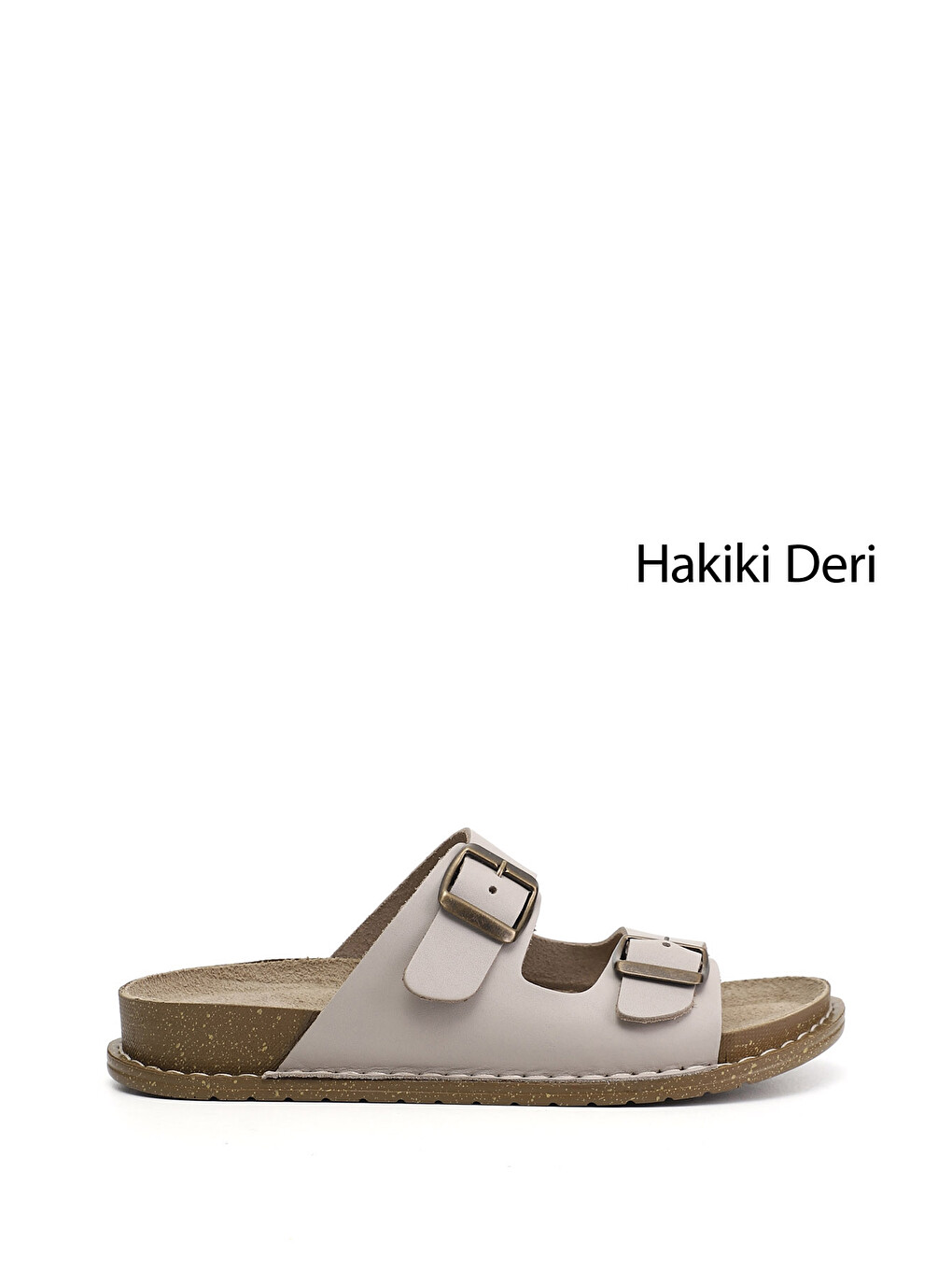 Bej Kadın YENİ BEJ Çift Tokalı Hakiki Deri Terlik