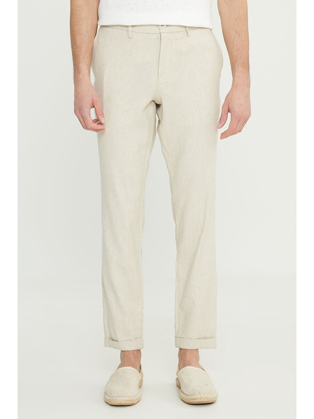 Erkek Bej Slim Fit Dar Kesim Diagonal Desenli Yan Cepli Casual Pantolon-3