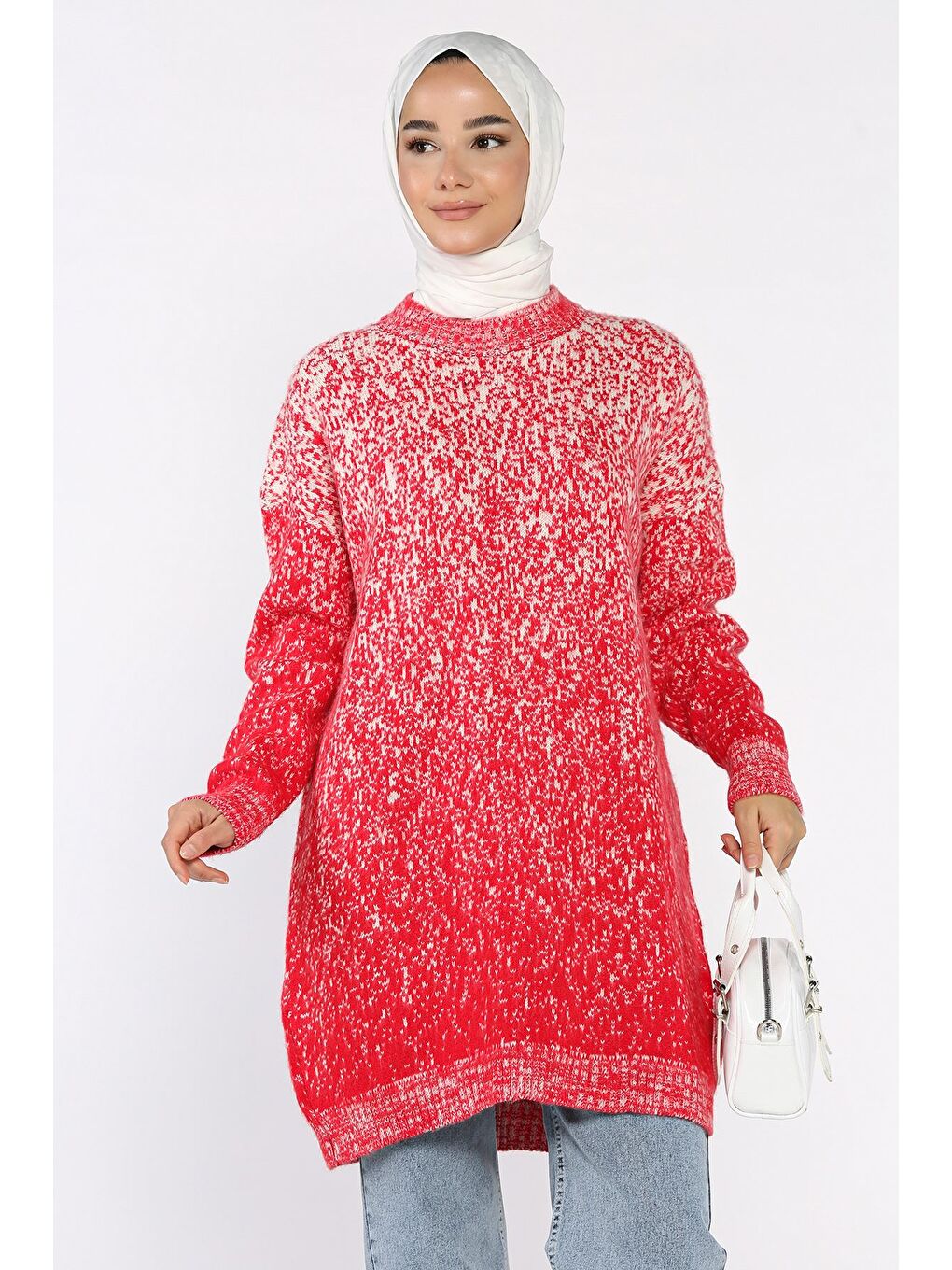 Kırmızı Bisiklet Yaka Çift Renkli Tesettür Triko Tunik (s-m-l-xl Beden Uyumludur.)-2