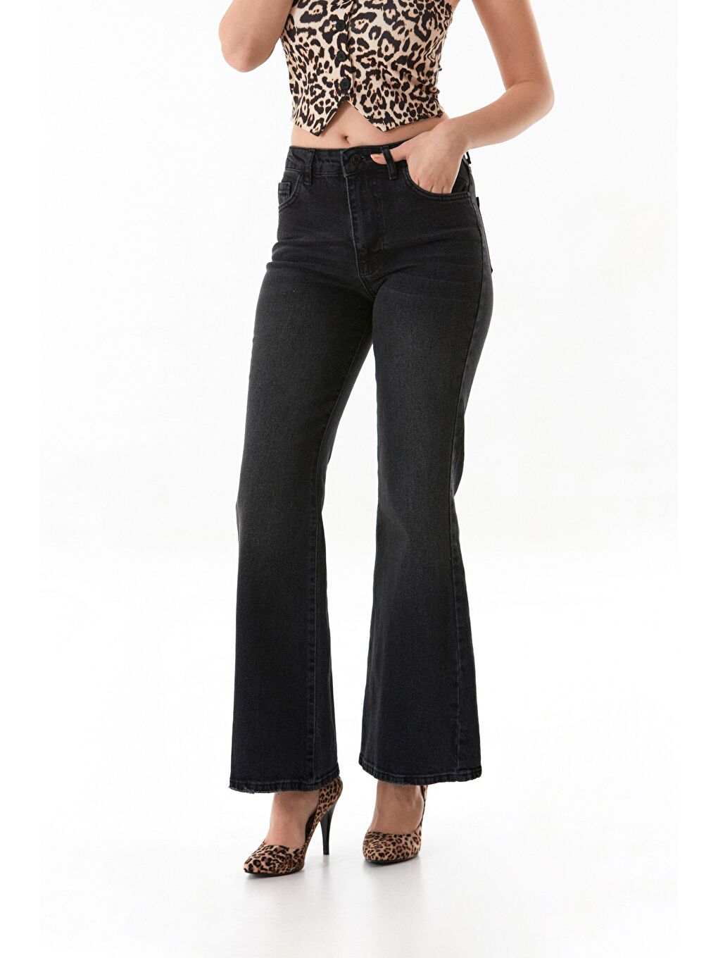 Antrasit Yüksek Bel Flare Jean-3