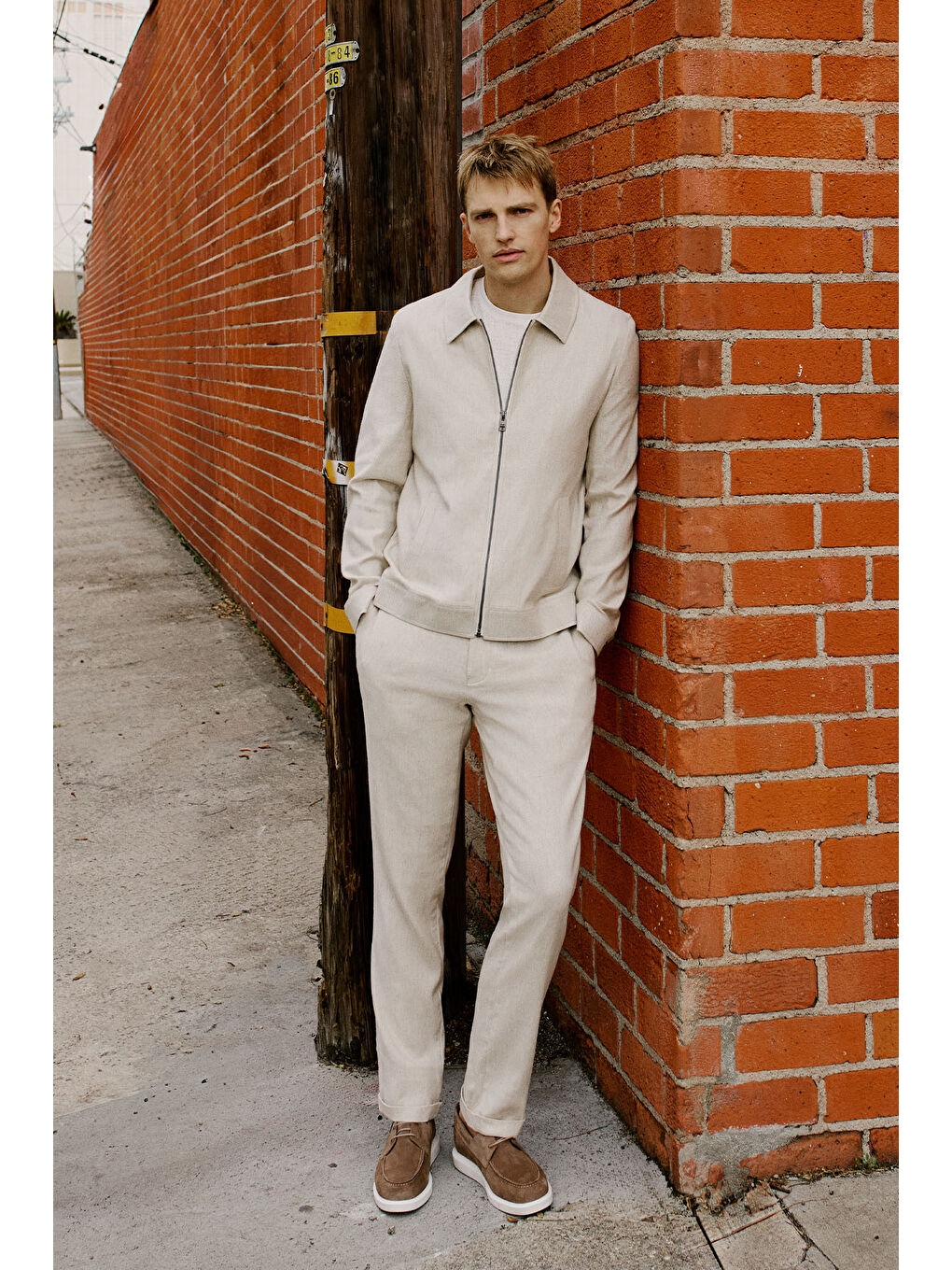 Erkek Bej Slim Fit Dar Kesim Diagonal Desenli Yan Cepli Casual Pantolon-5