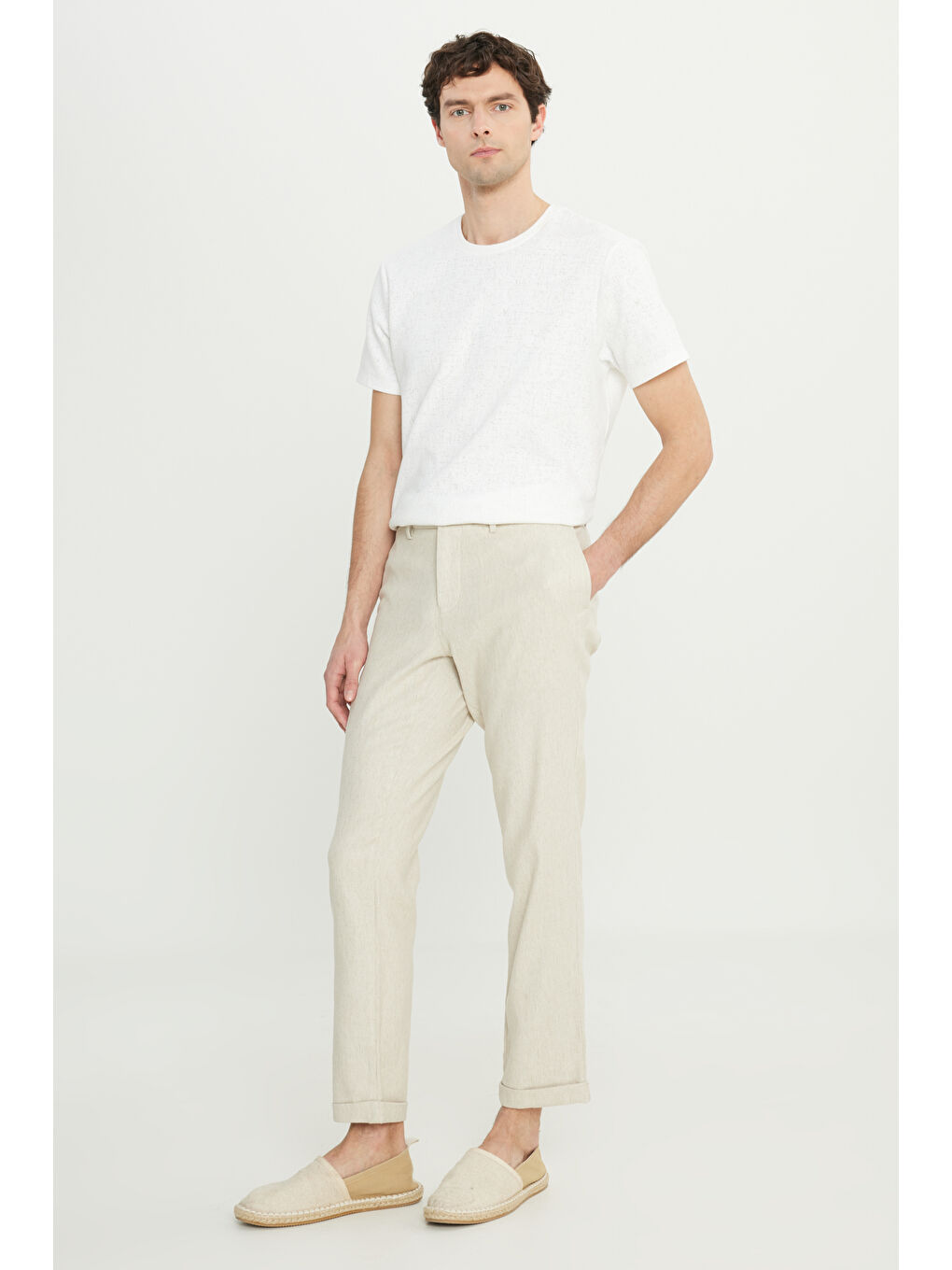 Erkek Bej Slim Fit Dar Kesim Diagonal Desenli Yan Cepli Casual Pantolon-6