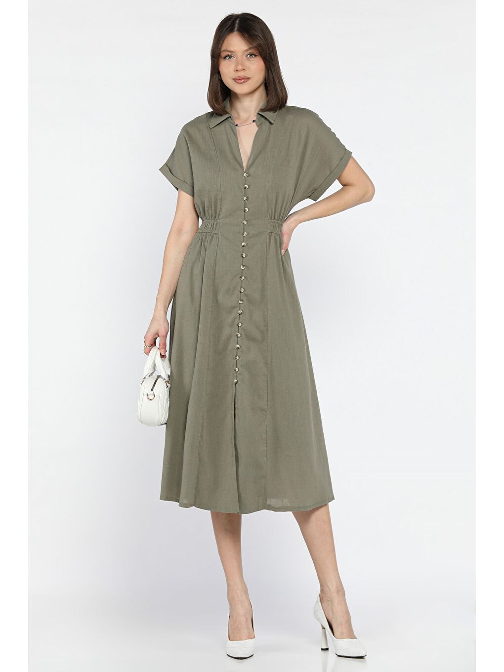 Haki Polo Yaka Ön Düğmeli Kadın Elbise-1