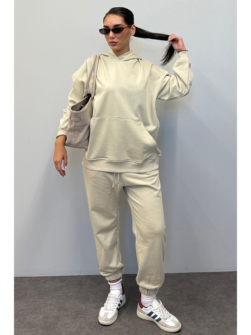 Bej Kapüşonlu Kadın Eşofman Takımı Mg1225