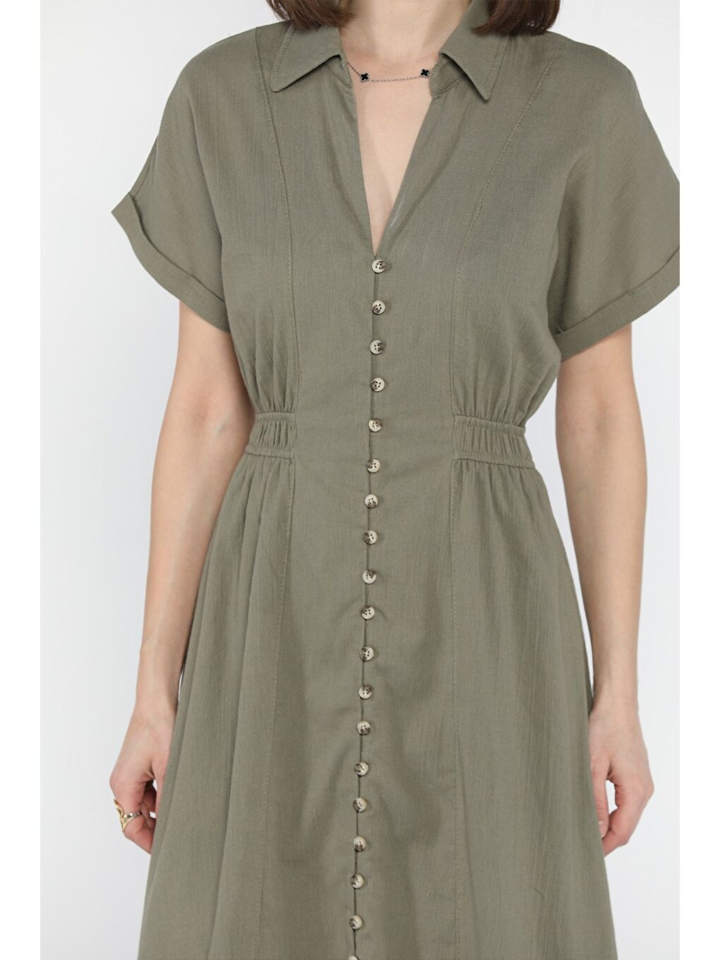 Haki Polo Yaka Ön Düğmeli Kadın Elbise-3