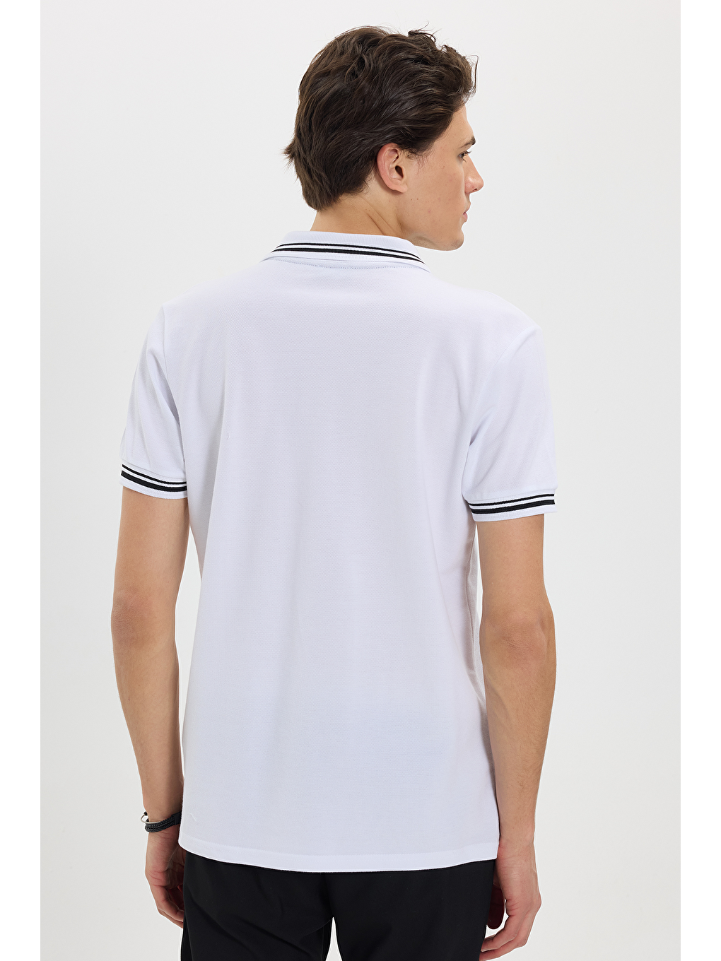 Erkek Slim Fit Dar Kesim %100 Pamuk Düz Pike Yaka Ve Kol Detaylı Beyaz Polo Yaka Tişört-5