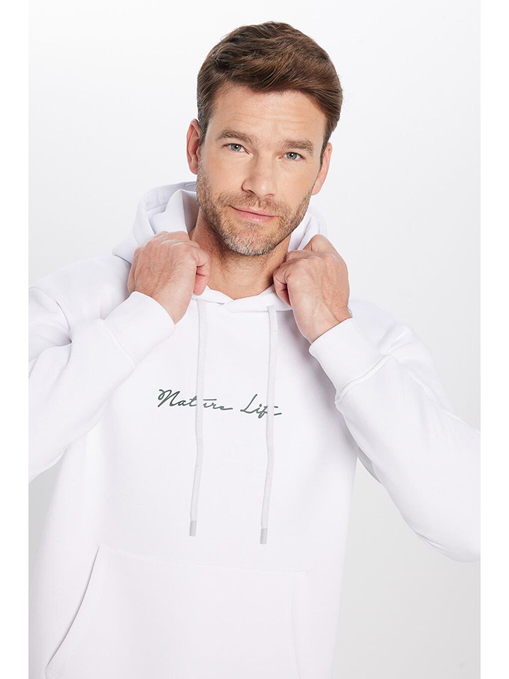 Unisex Oversize Geniş Kesim Pamuklu Yumuşak Dokulu İçi Polarlı Baskılı Beyaz Kapüşonlu Erkek Hoodie