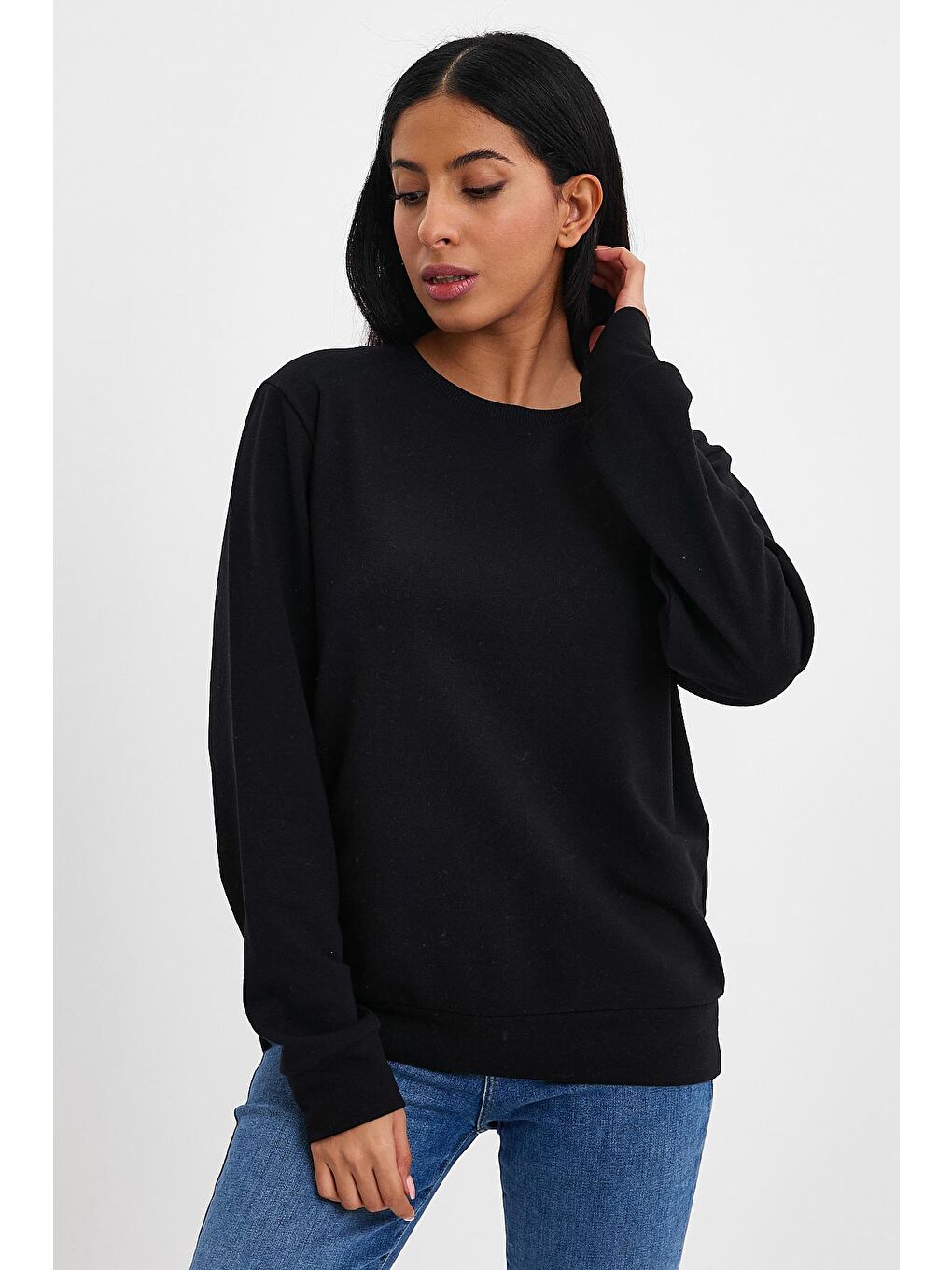 Süperlife Siyah Kadın Bisiklet Yaka Rahat Kalıp 3 iplik Kalın Sweatshirt SPR24SW-36 - 2