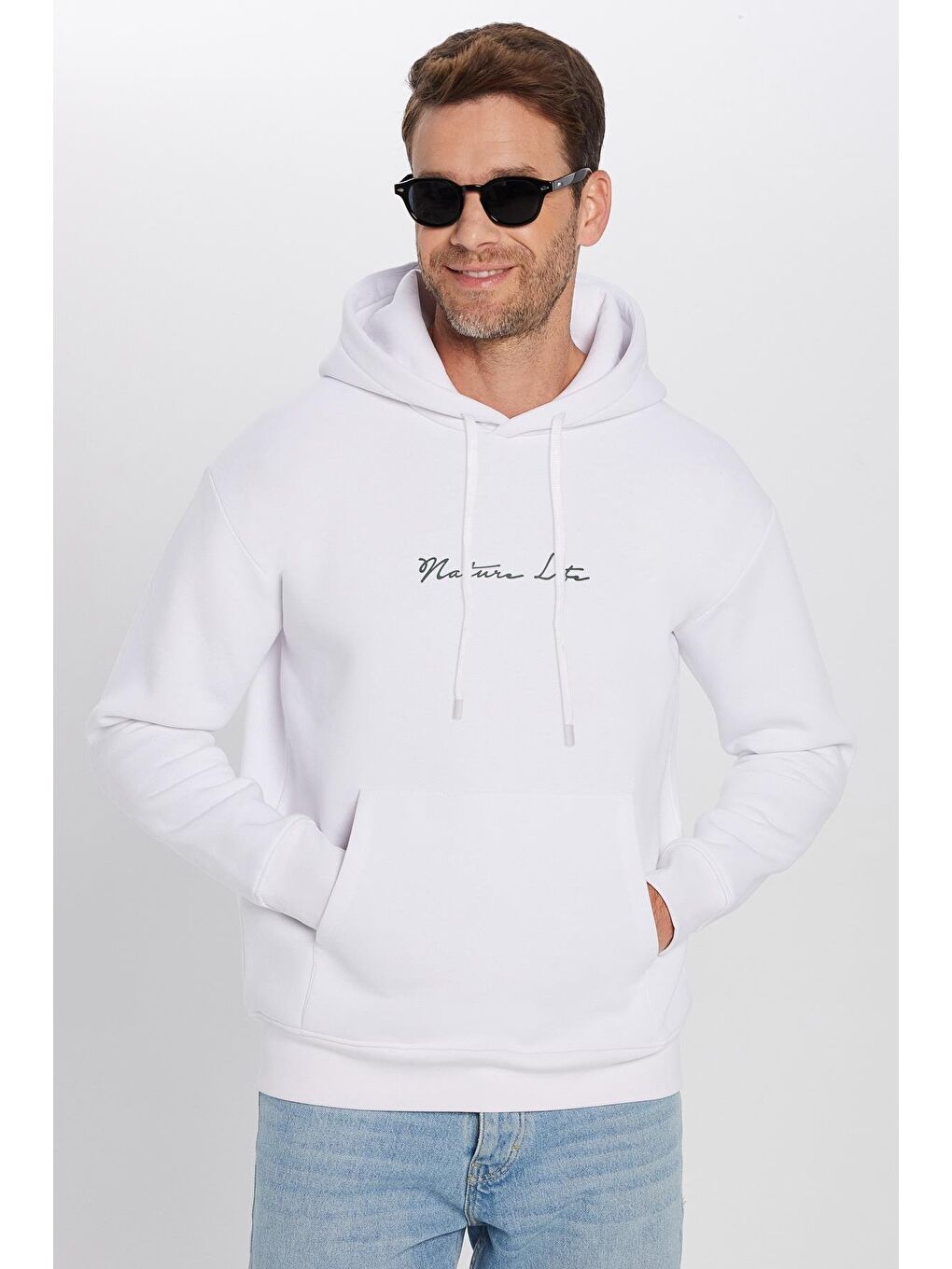 Unisex Oversize Geniş Kesim Pamuklu Yumuşak Dokulu İçi Polarlı Baskılı Beyaz Kapüşonlu Erkek Hoodie-1