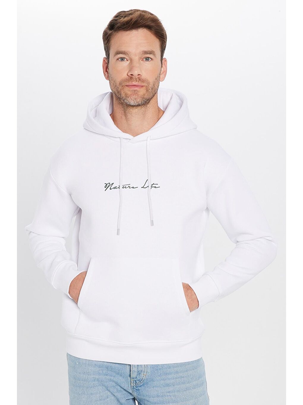 Unisex Oversize Geniş Kesim Pamuklu Yumuşak Dokulu İçi Polarlı Baskılı Beyaz Kapüşonlu Erkek Hoodie-3